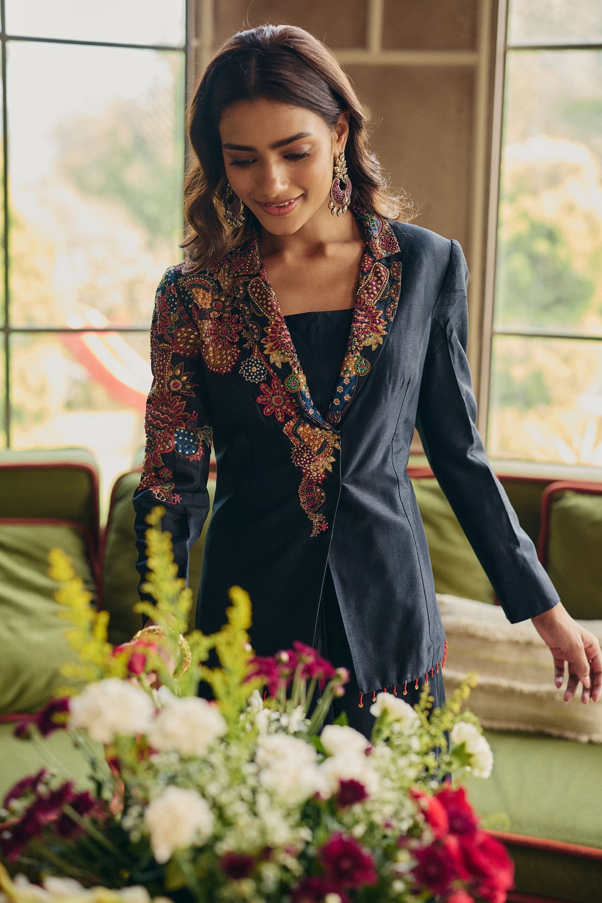 Navy Muse Embellished Raw Silk Skirt Set