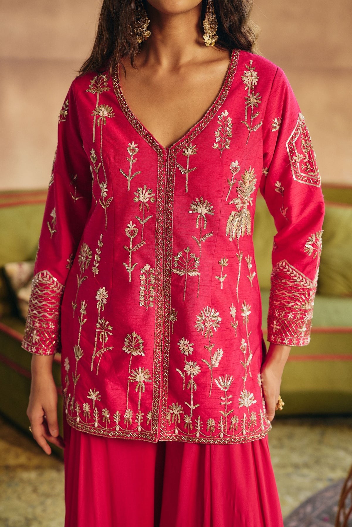Rani Pink Embellished Raw Silk Palazzo Set