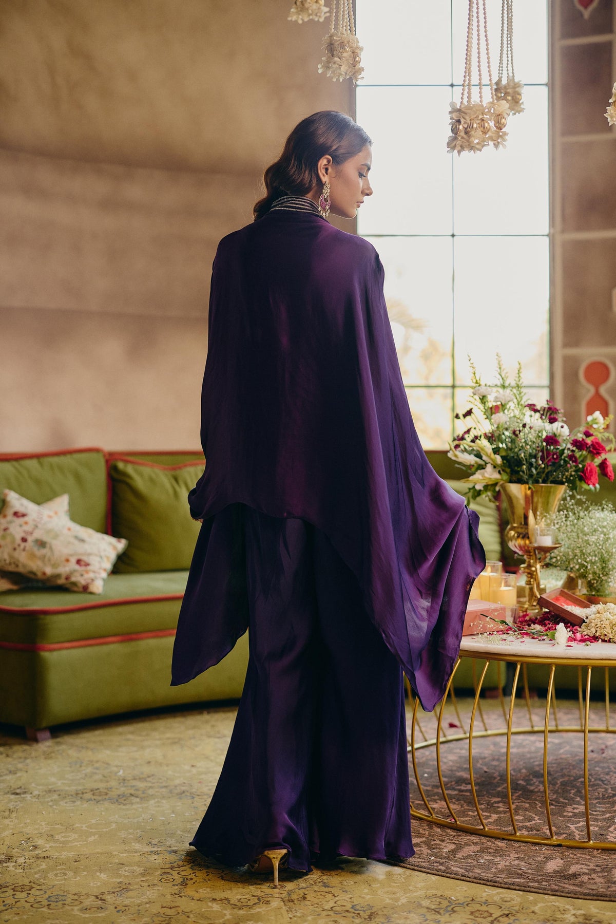 Deep Royal Purple Embellished Crepe Silk Kaftan Set