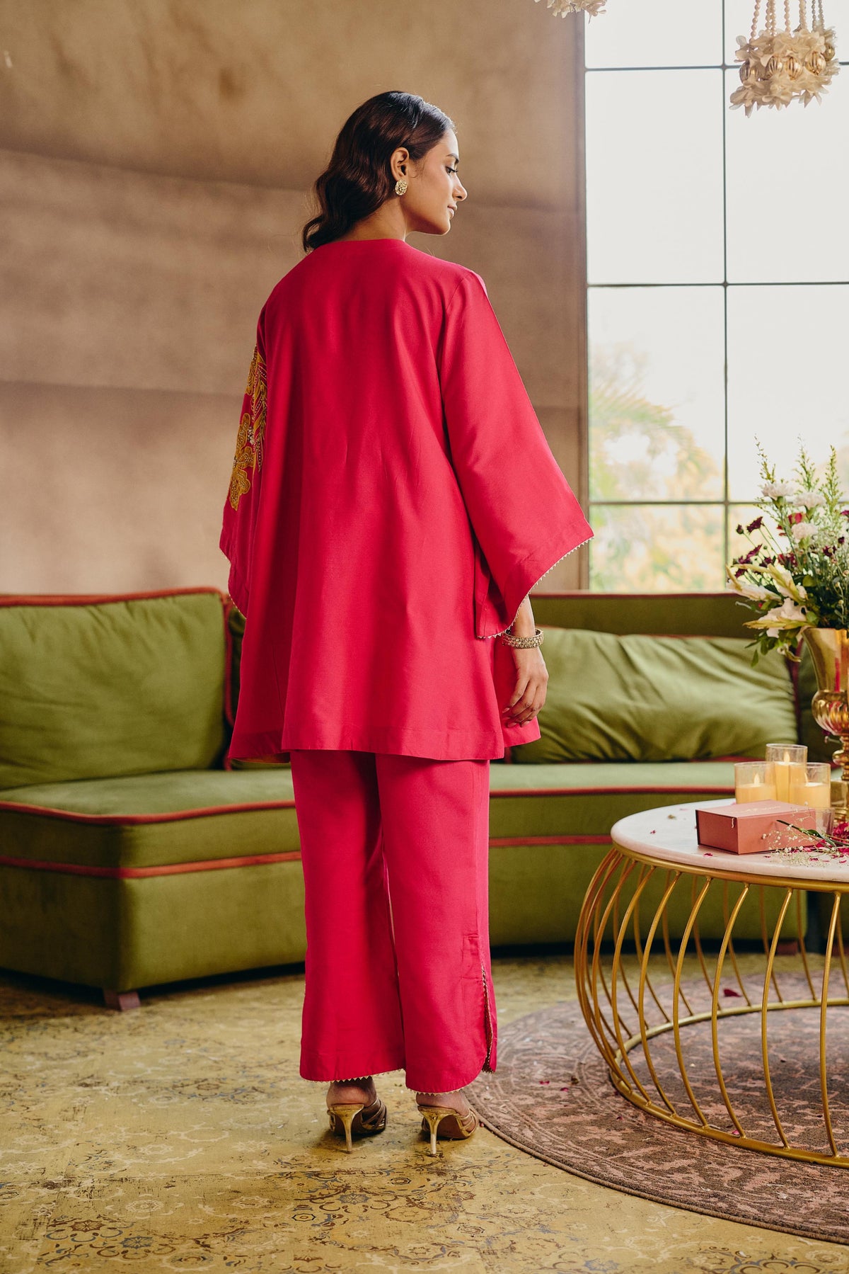 Hot Pink & Mustard Embellished Modal Silk Co-Ord Set