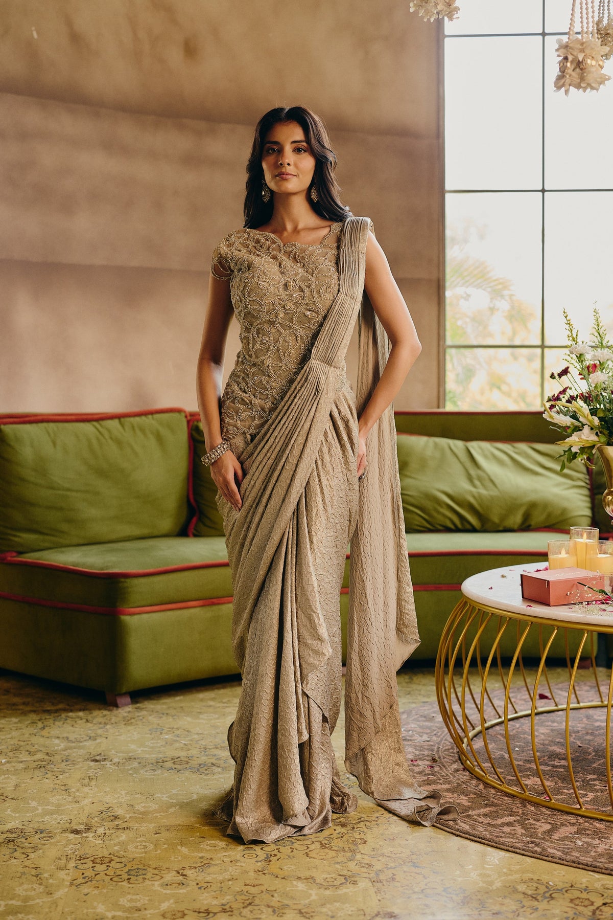 Silver Embellished Shimmer Satin Pre-Dreaped Saree