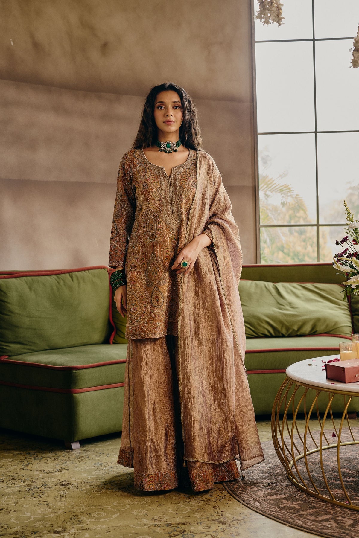 Muted Mustard Embellished Crushed Tissue Silk Palazzo Set