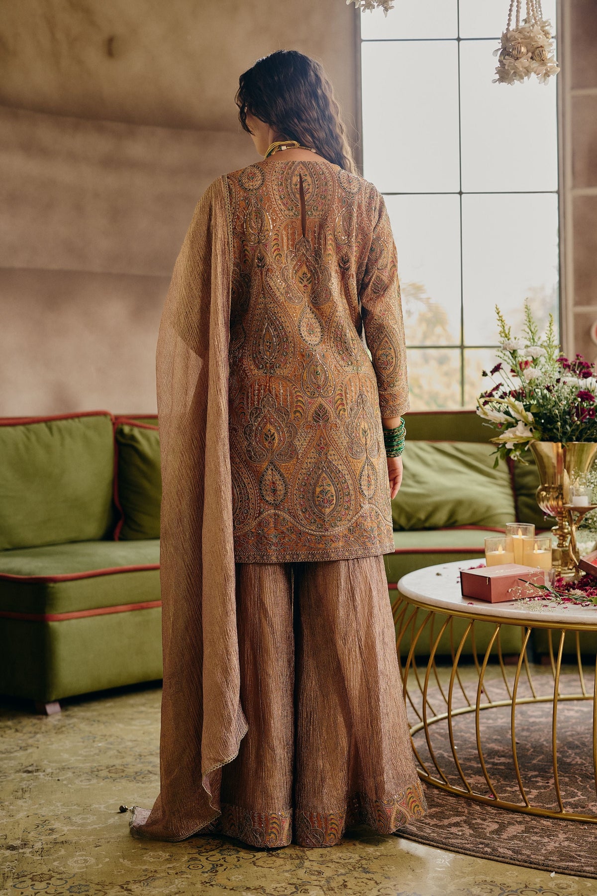 Muted Mustard Embellished Crushed Tissue Silk Palazzo Set