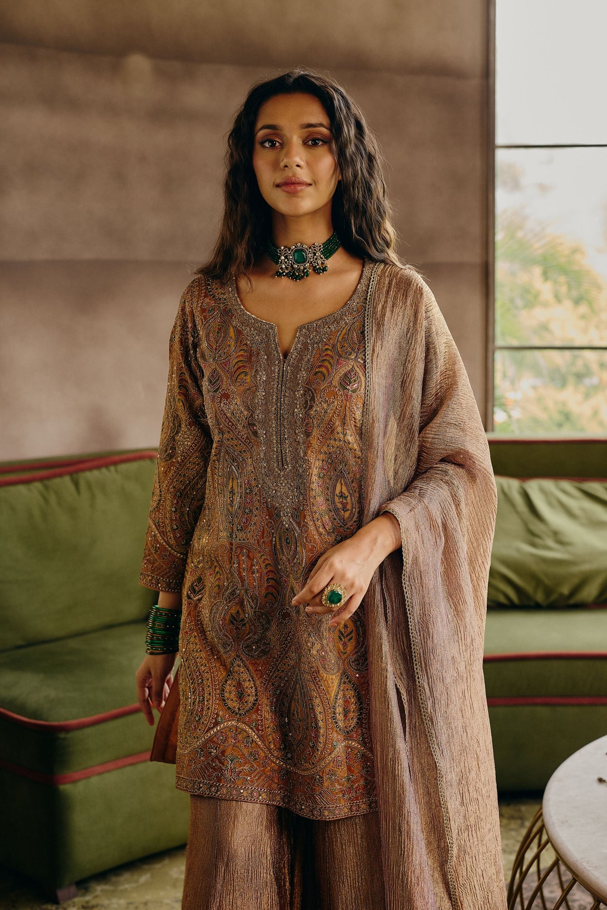 Muted Mustard Embellished Crushed Tissue Silk Palazzo Set
