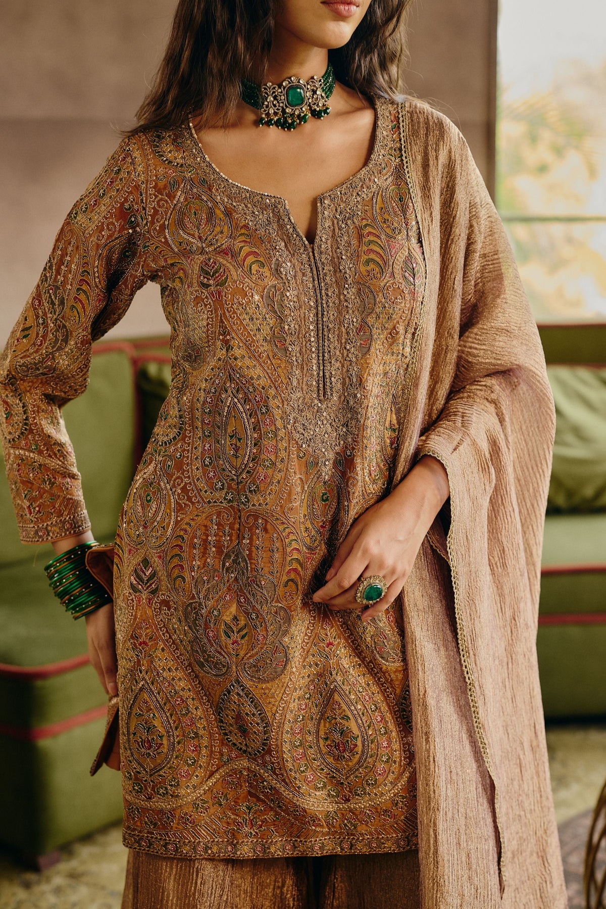 Muted Mustard Embellished Crushed Tissue Silk Palazzo Set