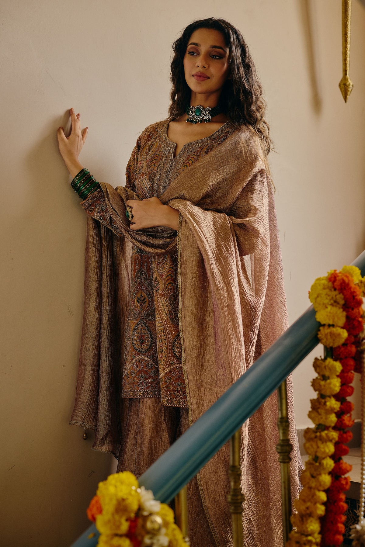 Muted Mustard Embellished Crushed Tissue Silk Palazzo Set