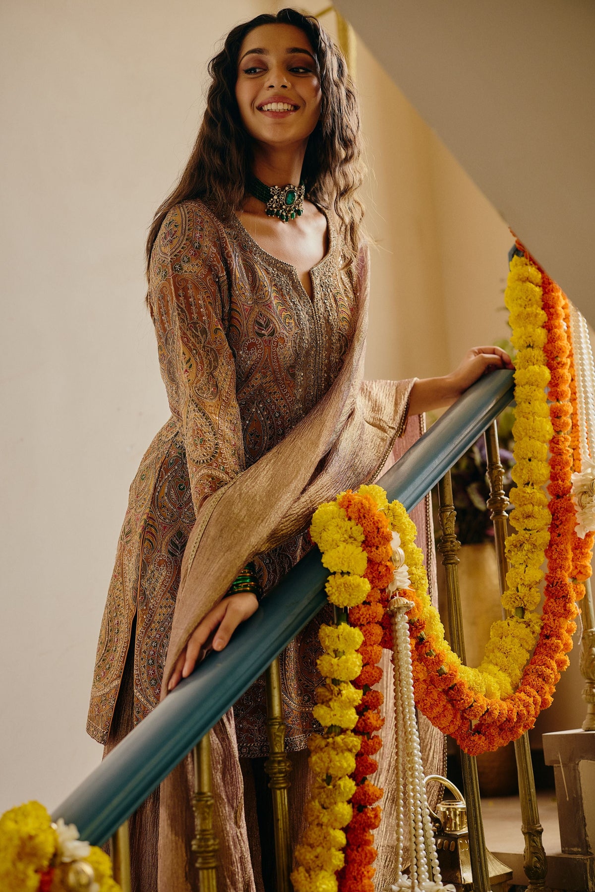 Muted Mustard Embellished Crushed Tissue Silk Palazzo Set