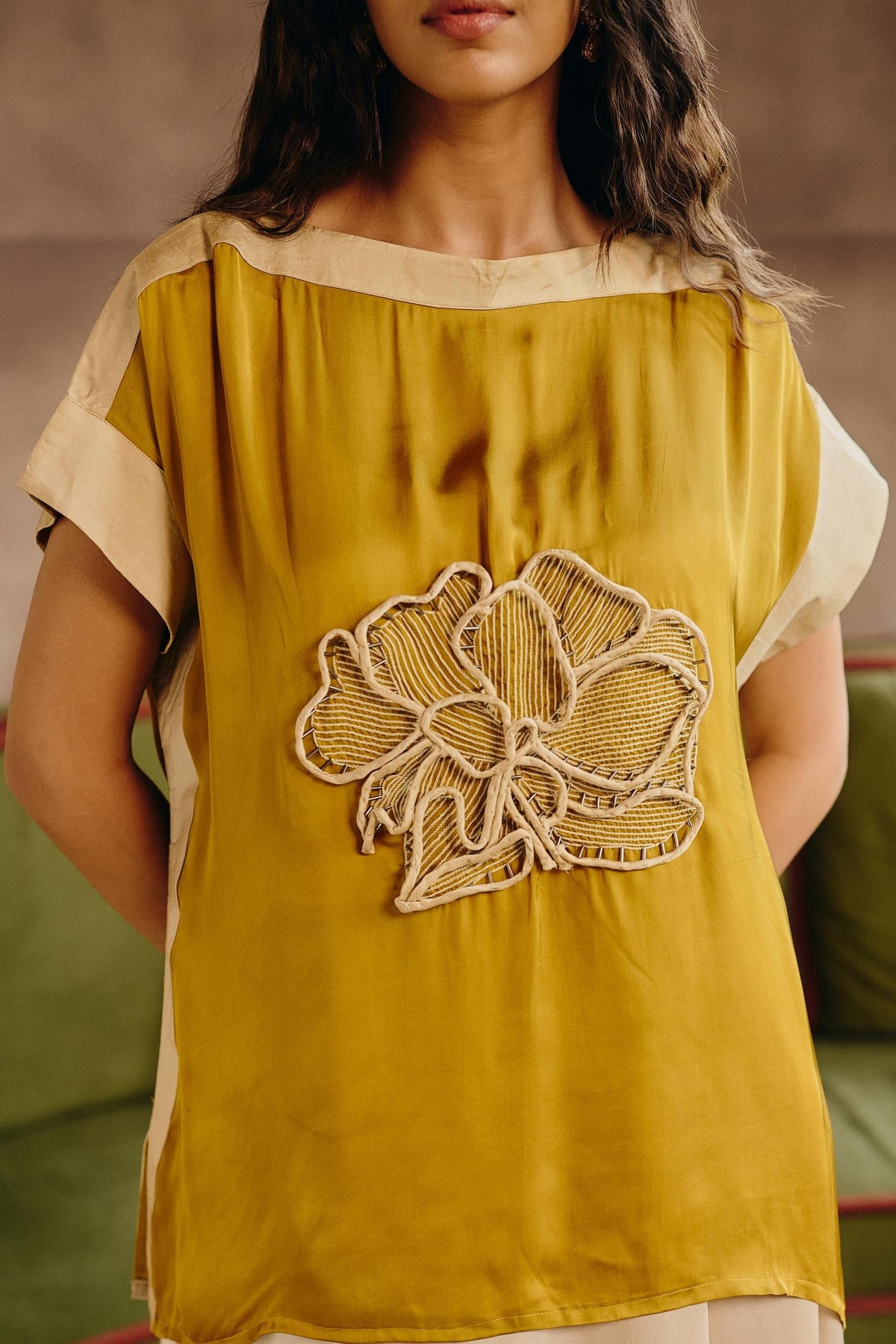 Mustard Ivory Embellished Satin Silk Co-Ord Set
