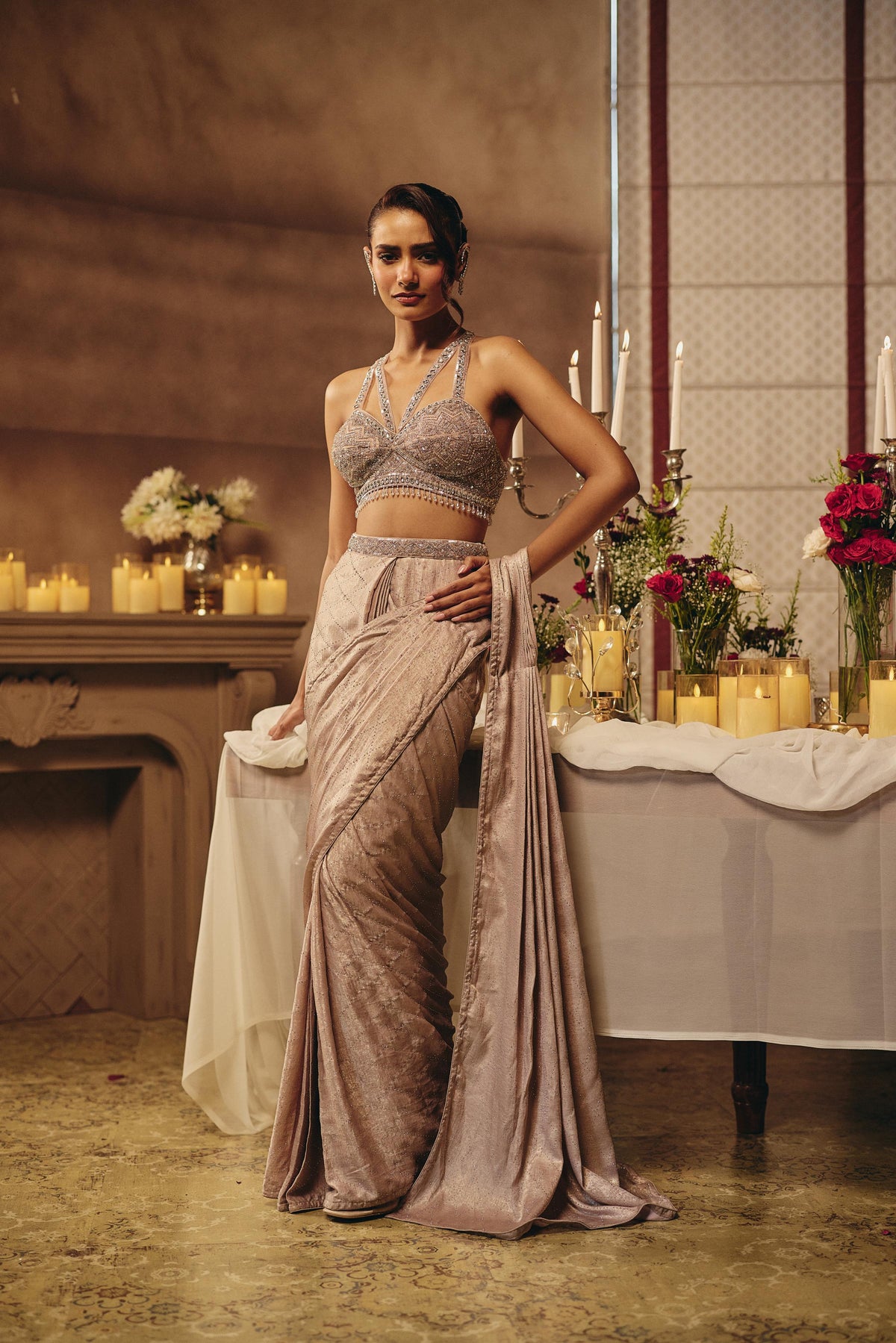 Metallic Rose Embellished Crushed Silk Pre-Draped Saree