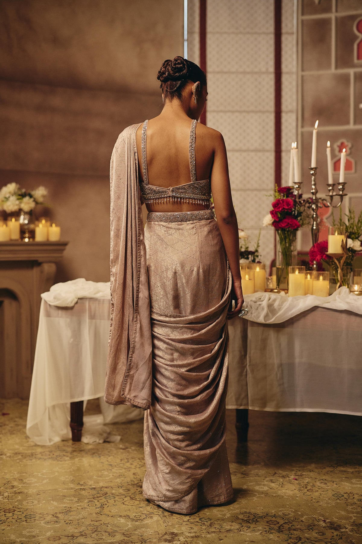 Metallic Rose Embellished Crushed Silk Pre-Draped Saree