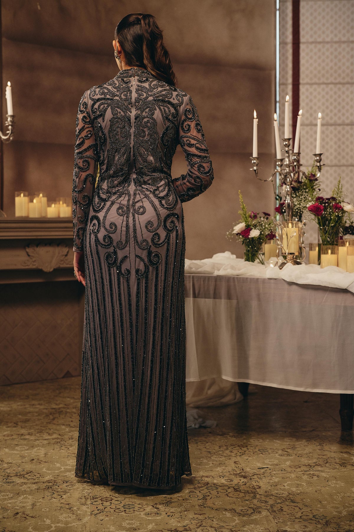 Smoke Grey Embellished Premium Net Maxi Gown