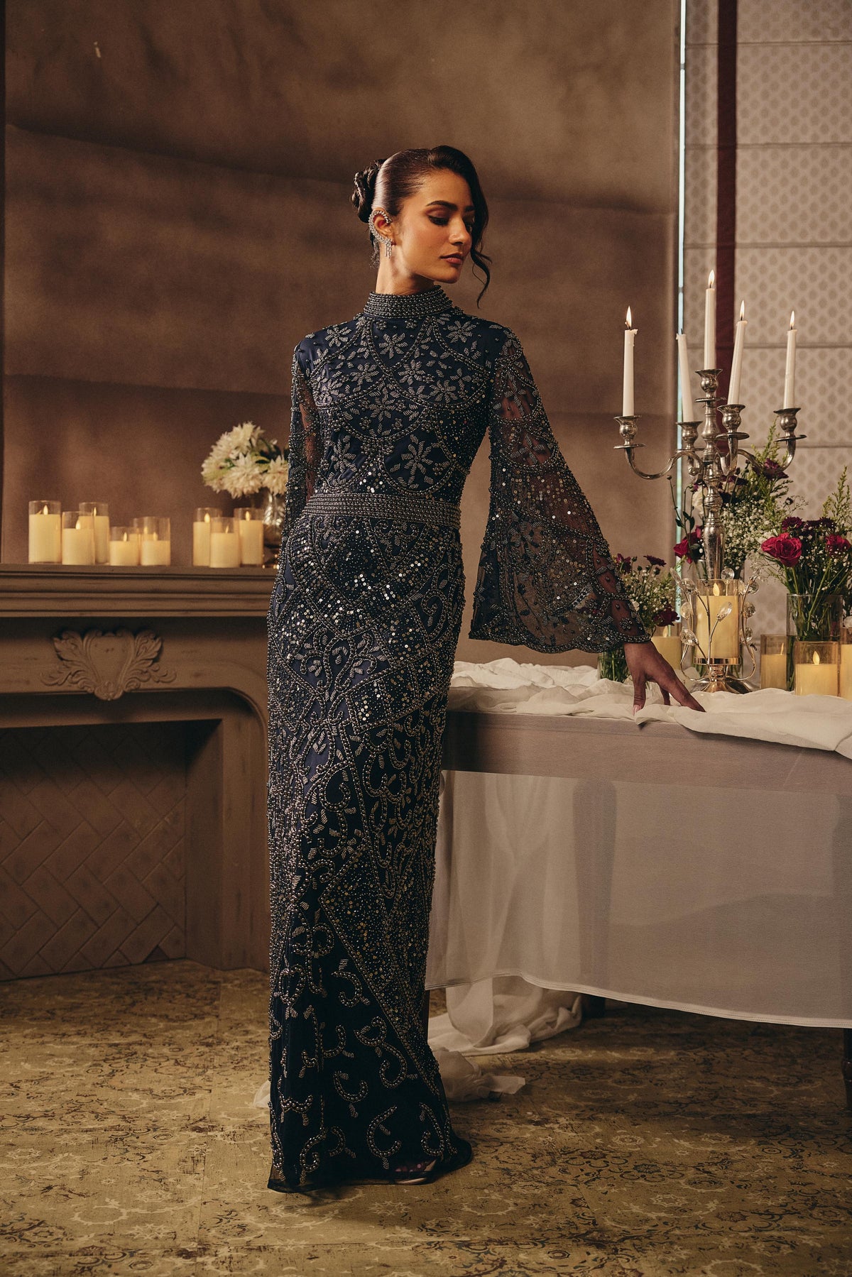Midnight Navy Embellished Premium Net Maxi Gown