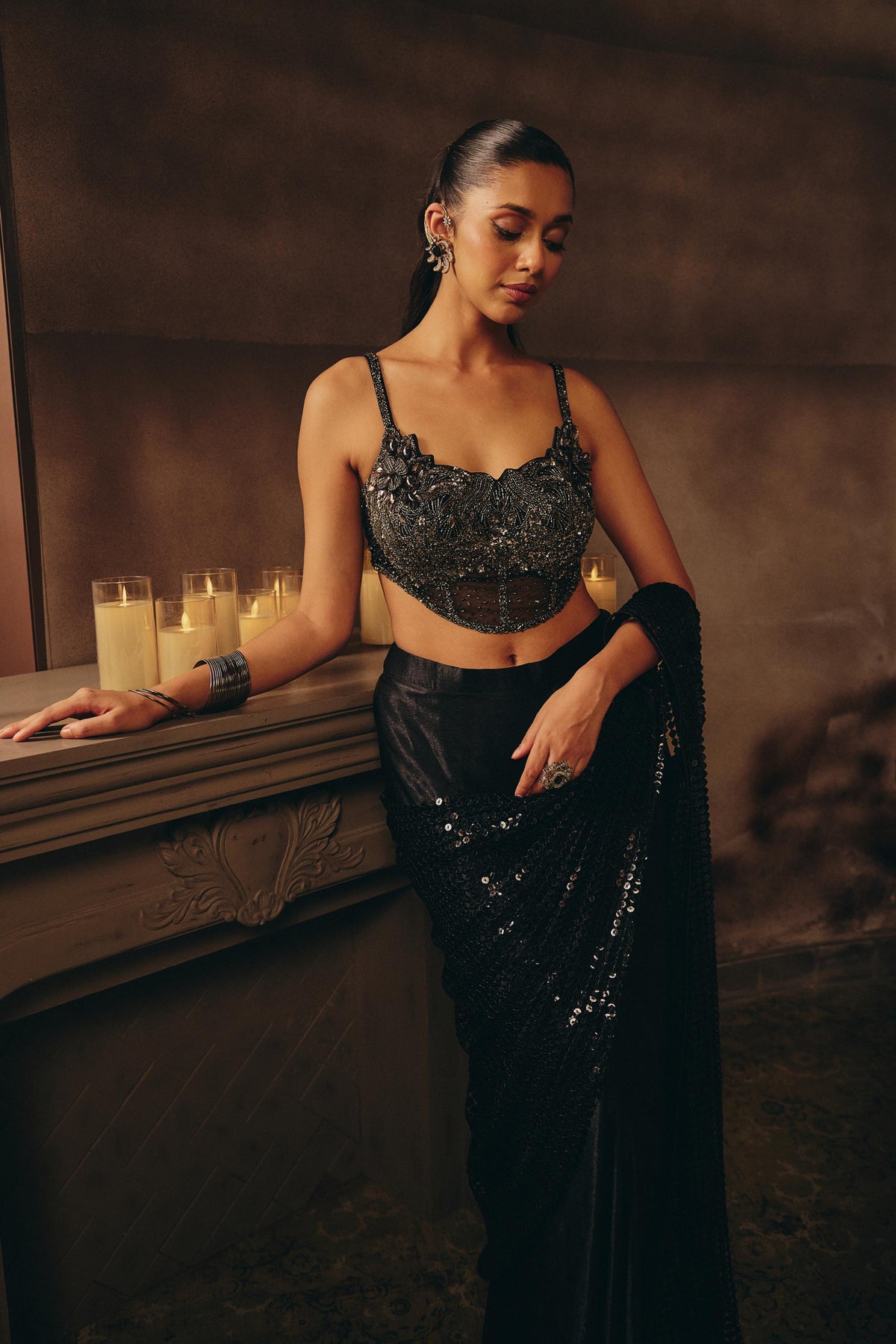 Midnight Black Embellished Premium Net Pre-Draped Saree