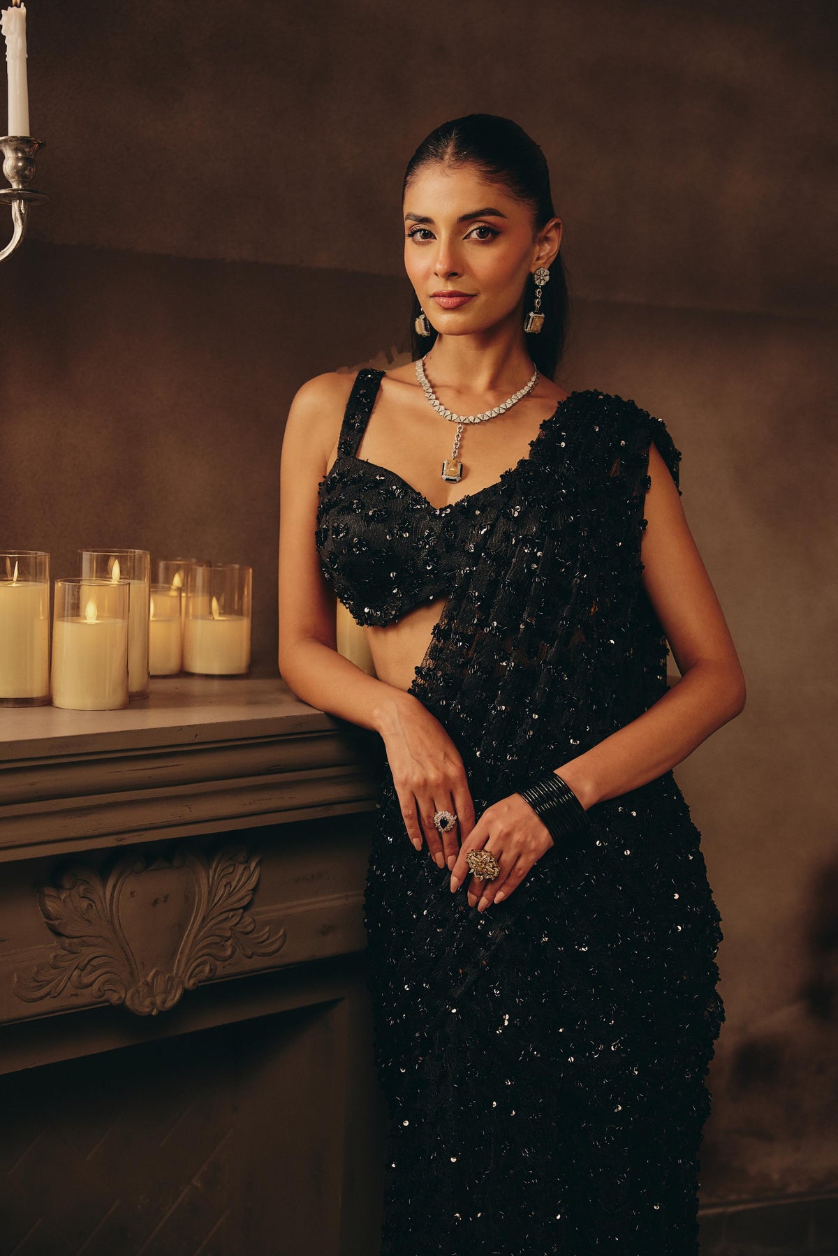 Jet Black Embellished Premium Net Draped Saree