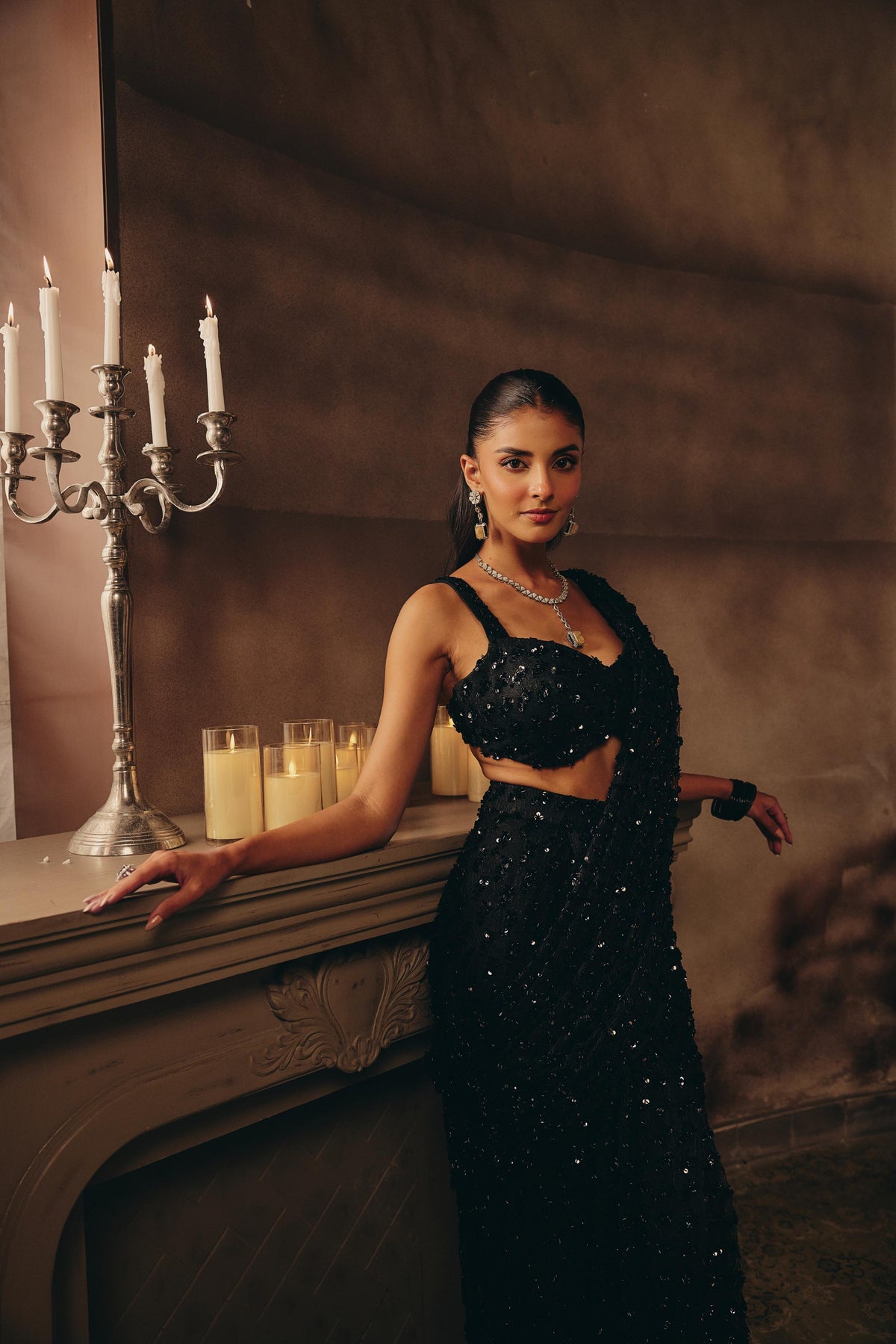 Jet Black Embellished Premium Net Draped Saree