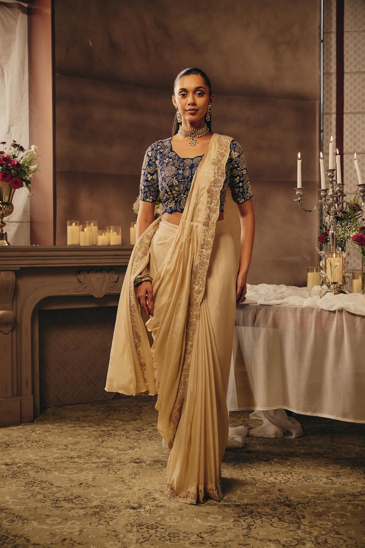 Cream Ivory & Royal Blue Embellished Chinon Silk Saree