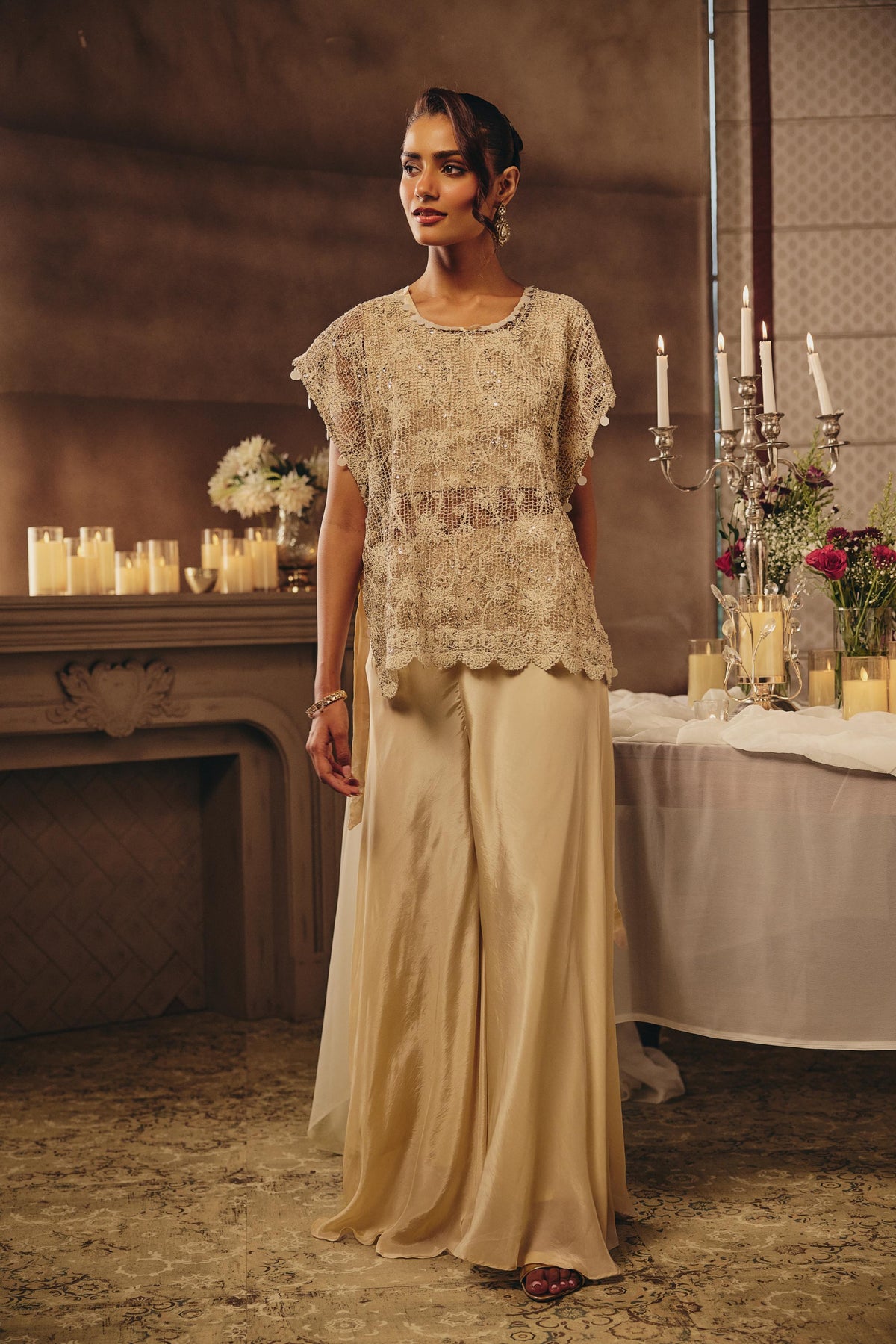 Sand Beige Embellished Crepe Silk Palazzo Set