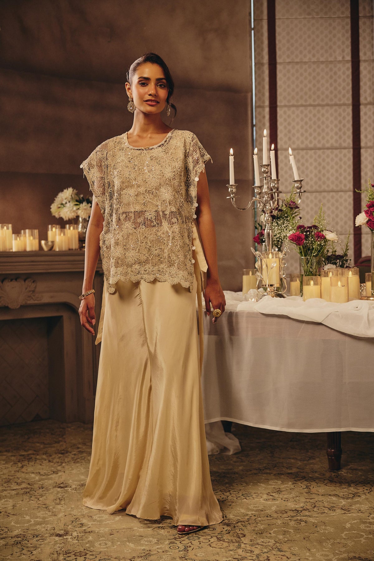 Sand Beige Embellished Crepe Silk Palazzo Set