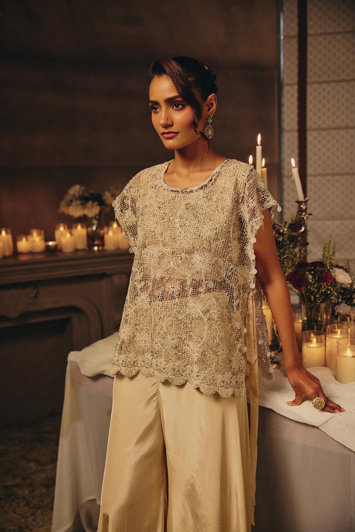 Sand Beige Embellished Crepe Silk Palazzo Set