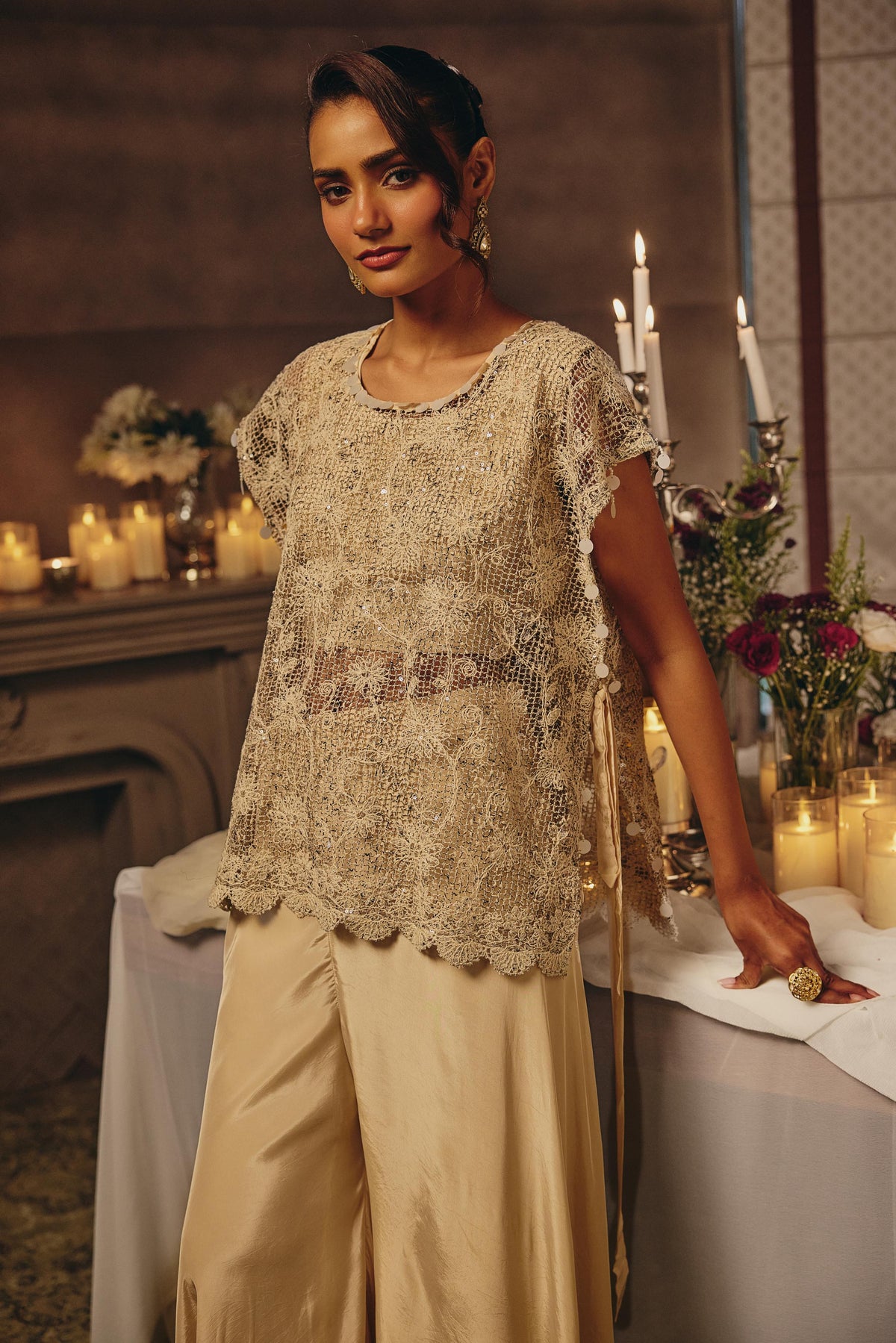 Sand Beige Embellished Crepe Silk Palazzo Set