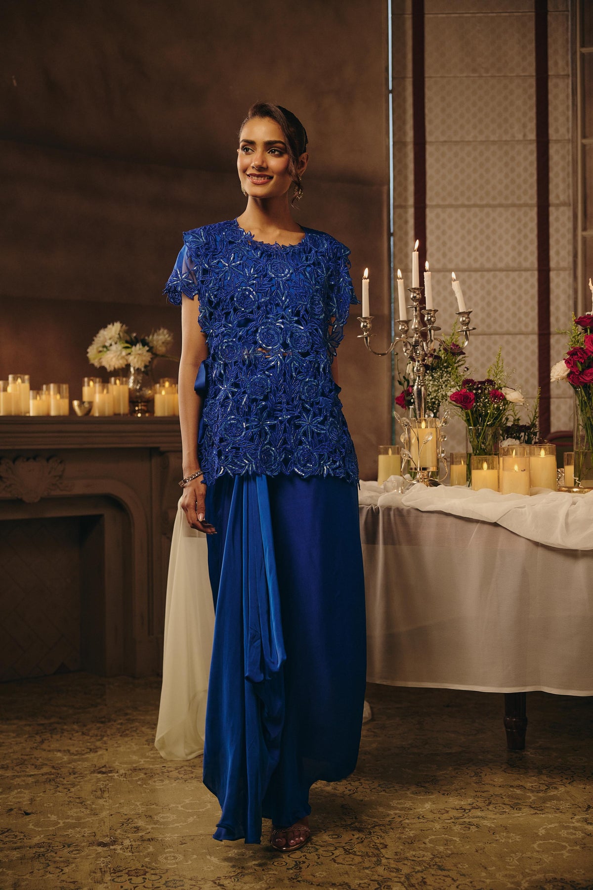Electric Blue Embellished Satin Silk Skirt Set