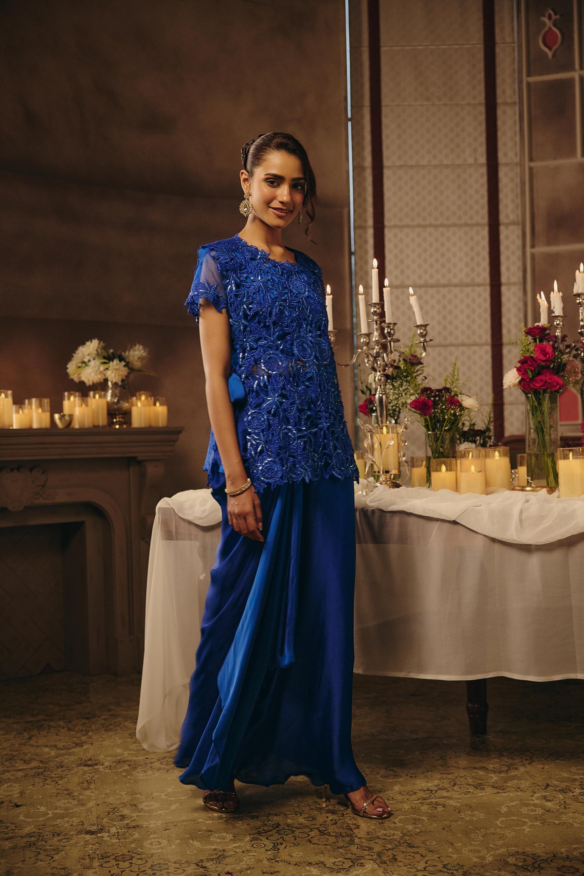 Electric Blue Embellished Satin Silk Skirt Set