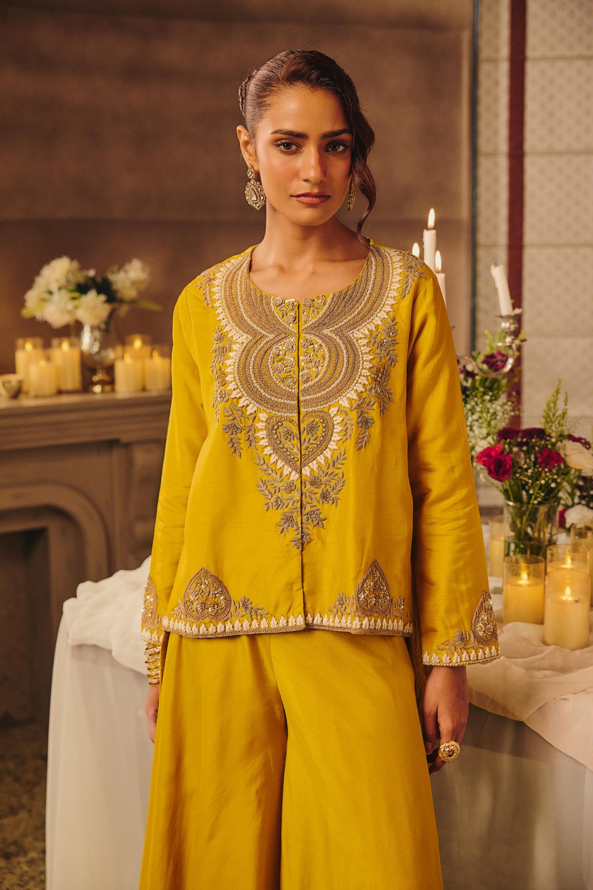 Bright Yellow Embellished Raw Silk Palazzo Set