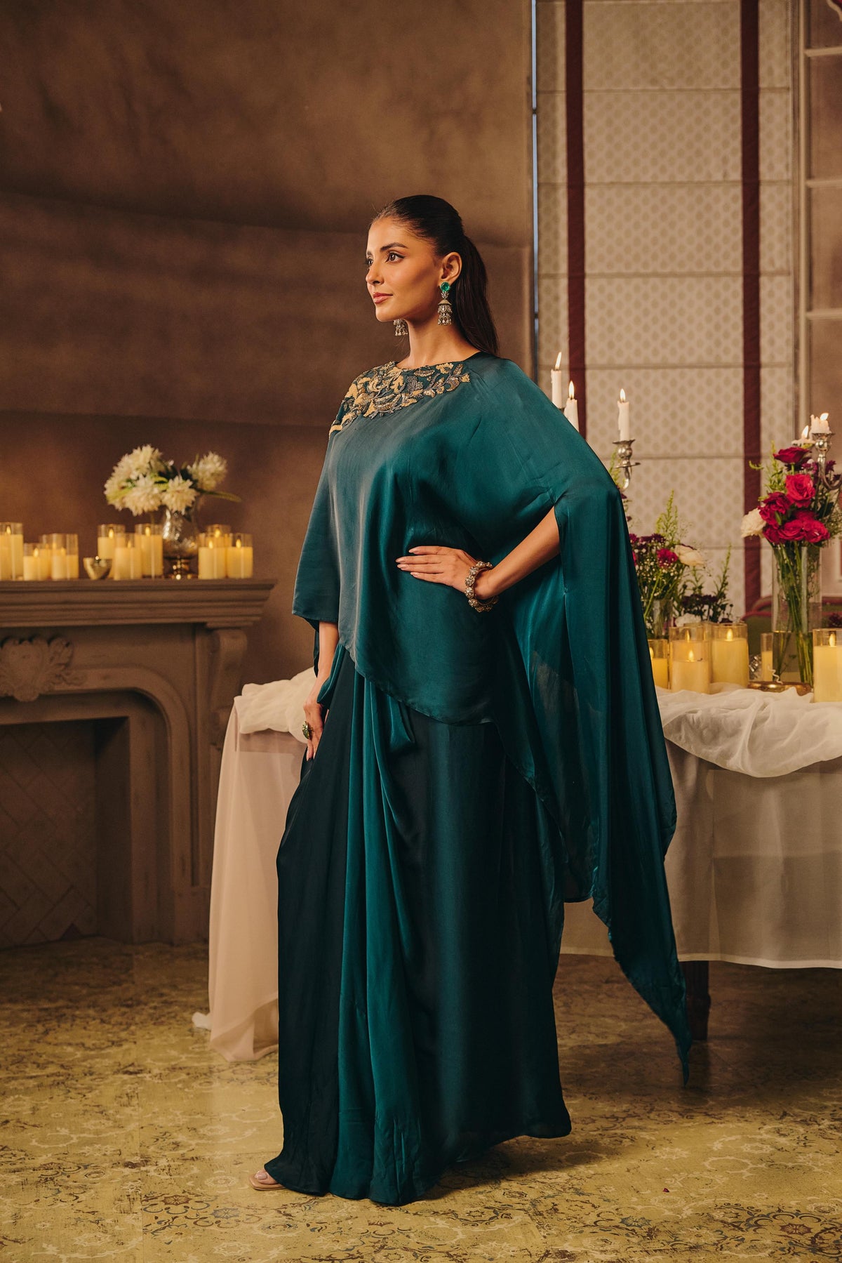 Bottel Green Embellished Crepe Silk Skirt Set