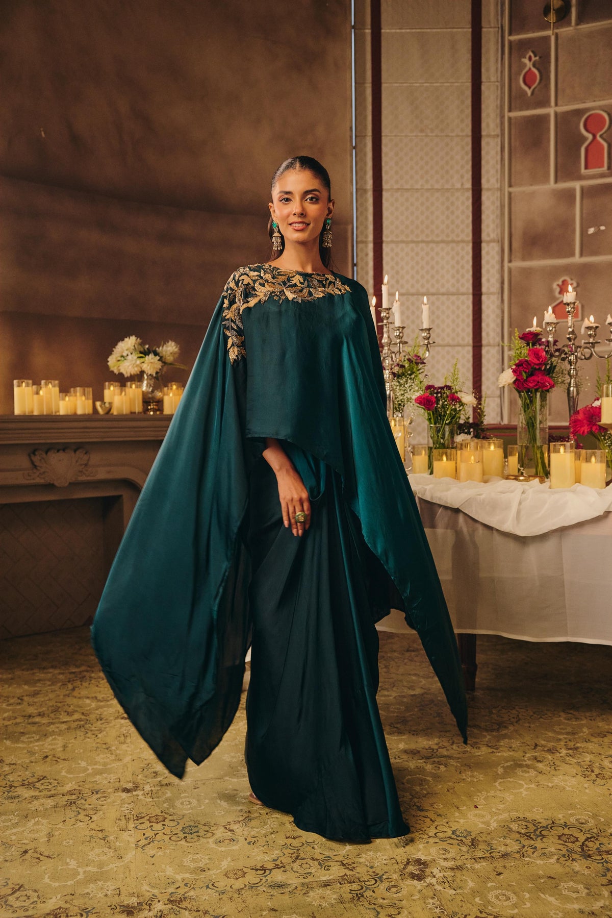 Bottel Green Embellished Crepe Silk Skirt Set