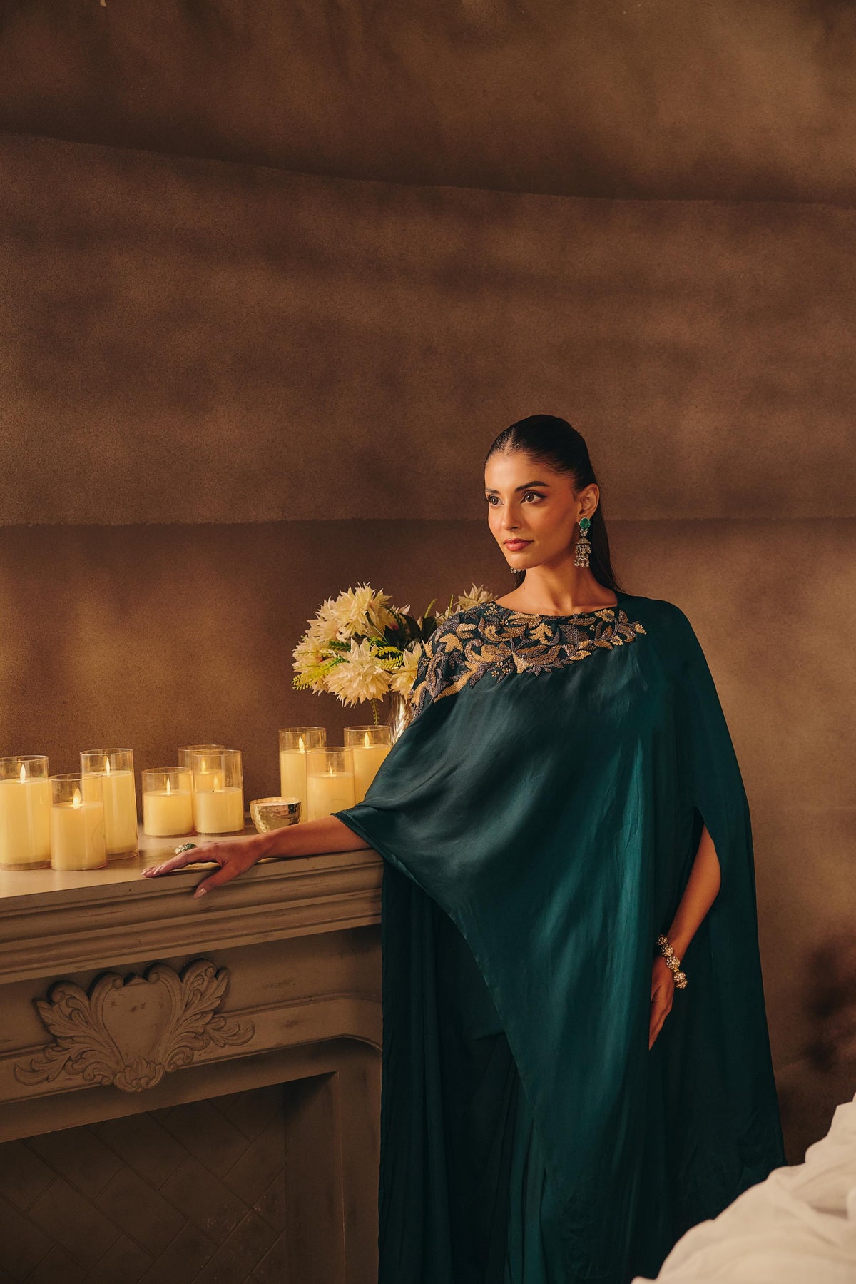 Bottel Green Embellished Crepe Silk Skirt Set