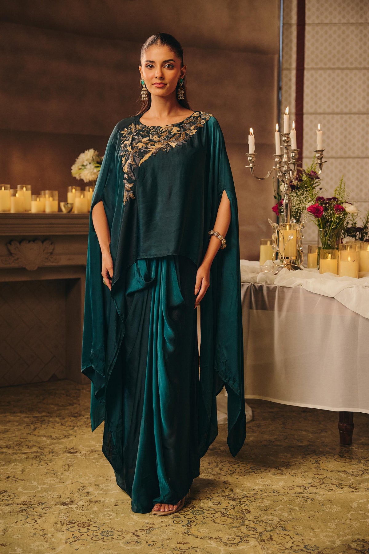 Bottel Green Embellished Crepe Silk Skirt Set
