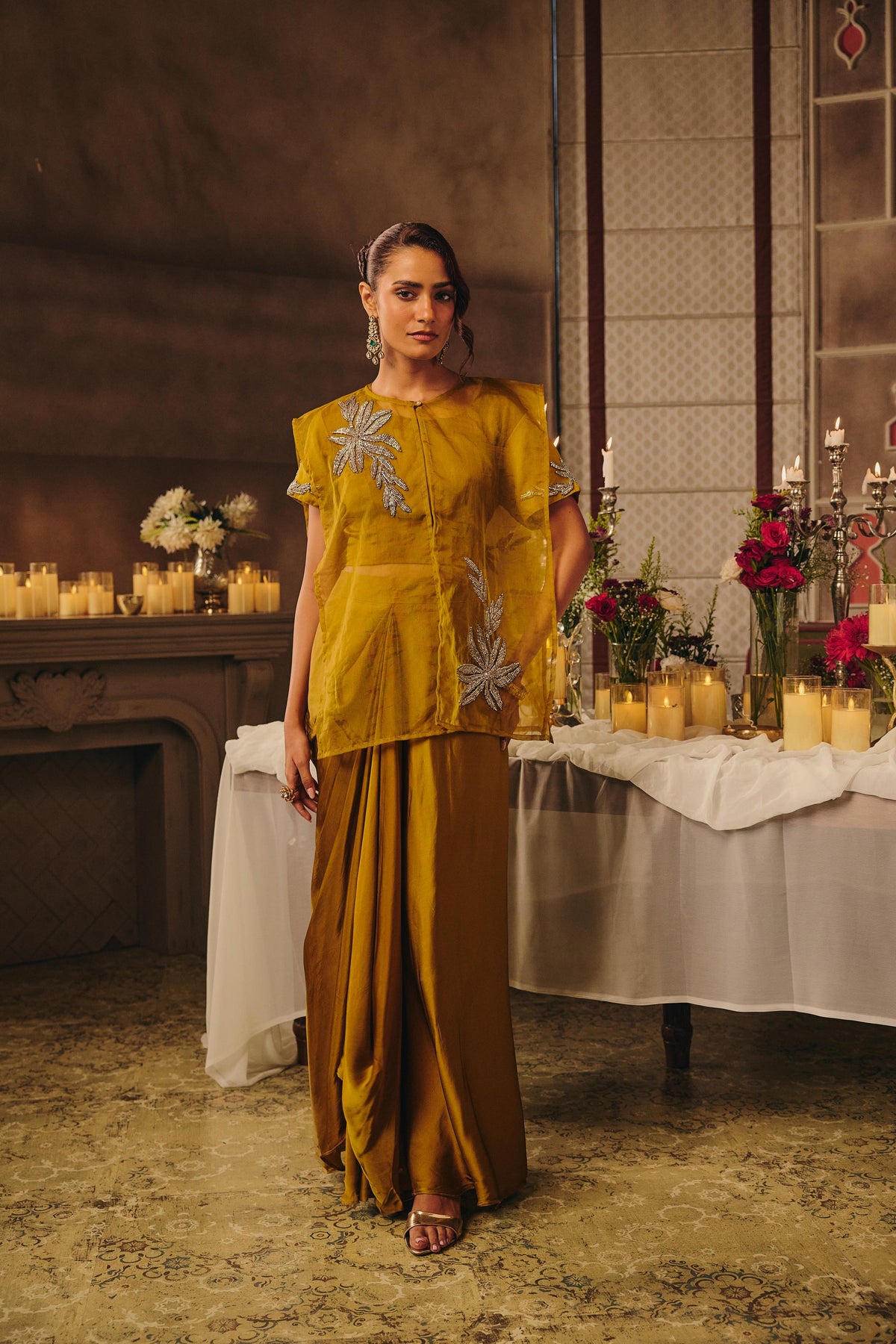 Muted Olive Embellished Crepe Satin Silk Skirt Set