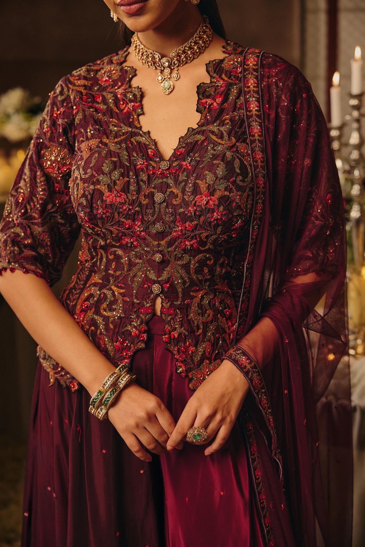 Mulberrry Wine Embellished Satin Silk Skirt Set