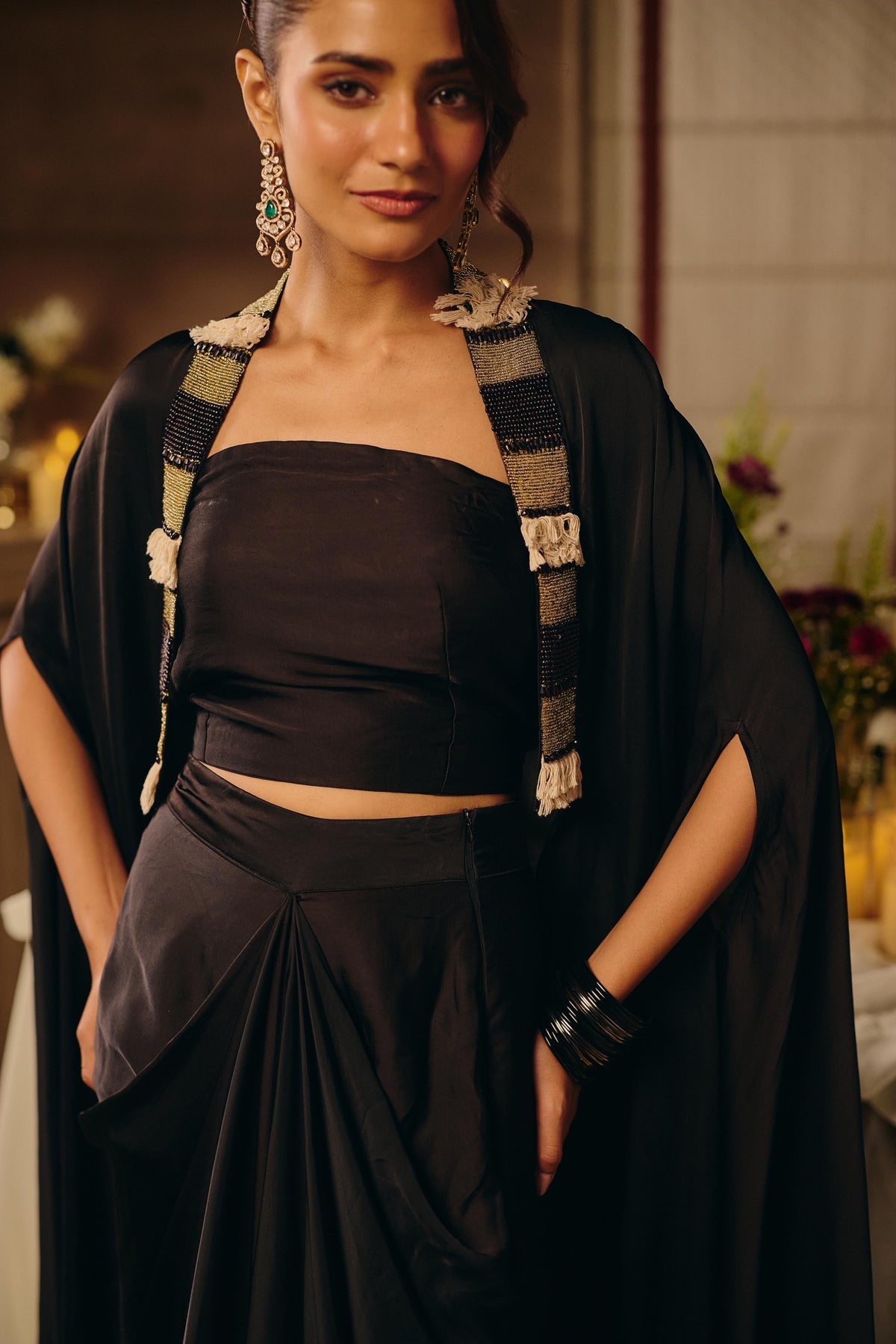 Jet Black Ivory Embellished Crepe Satin Silk Skirt Set