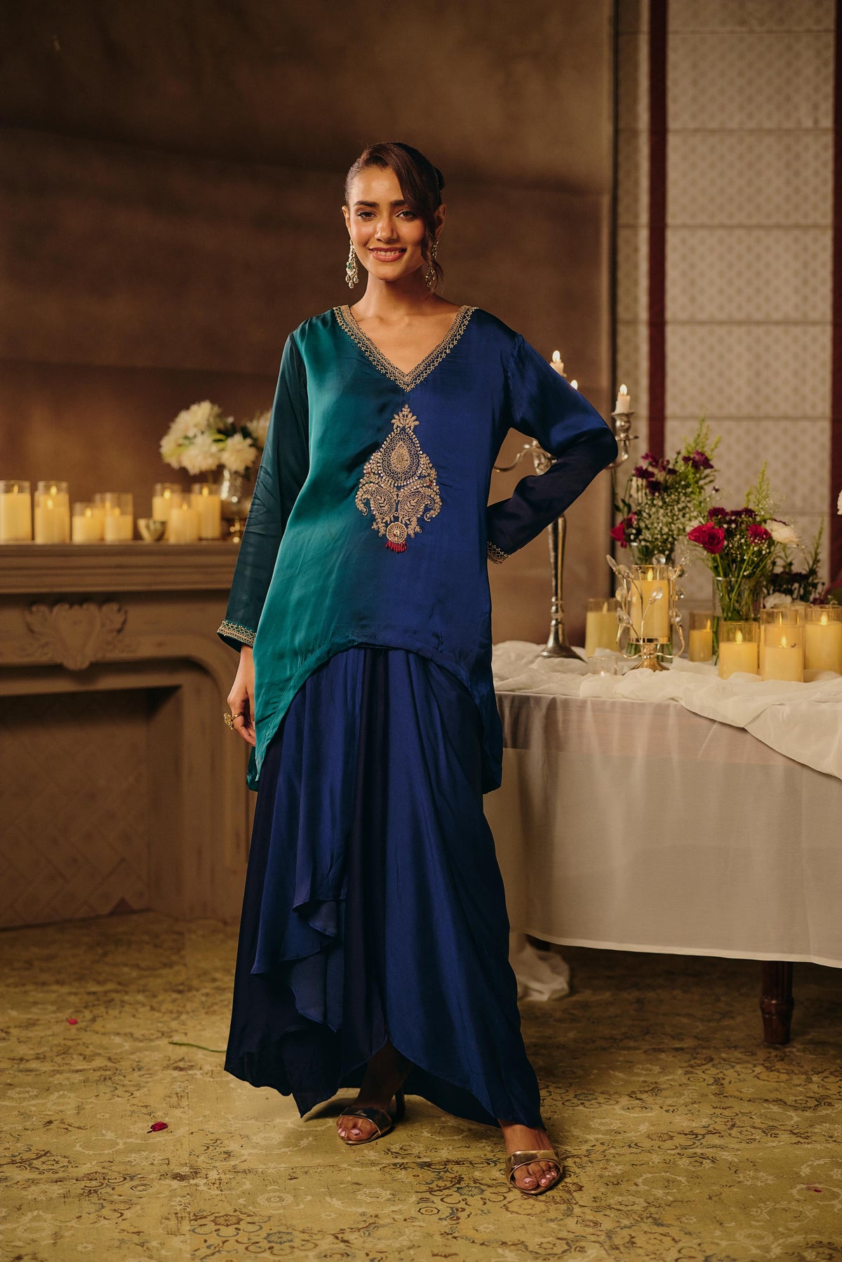 Teal Green & Blue Ombre Embellished Satin Silk Skirt Set