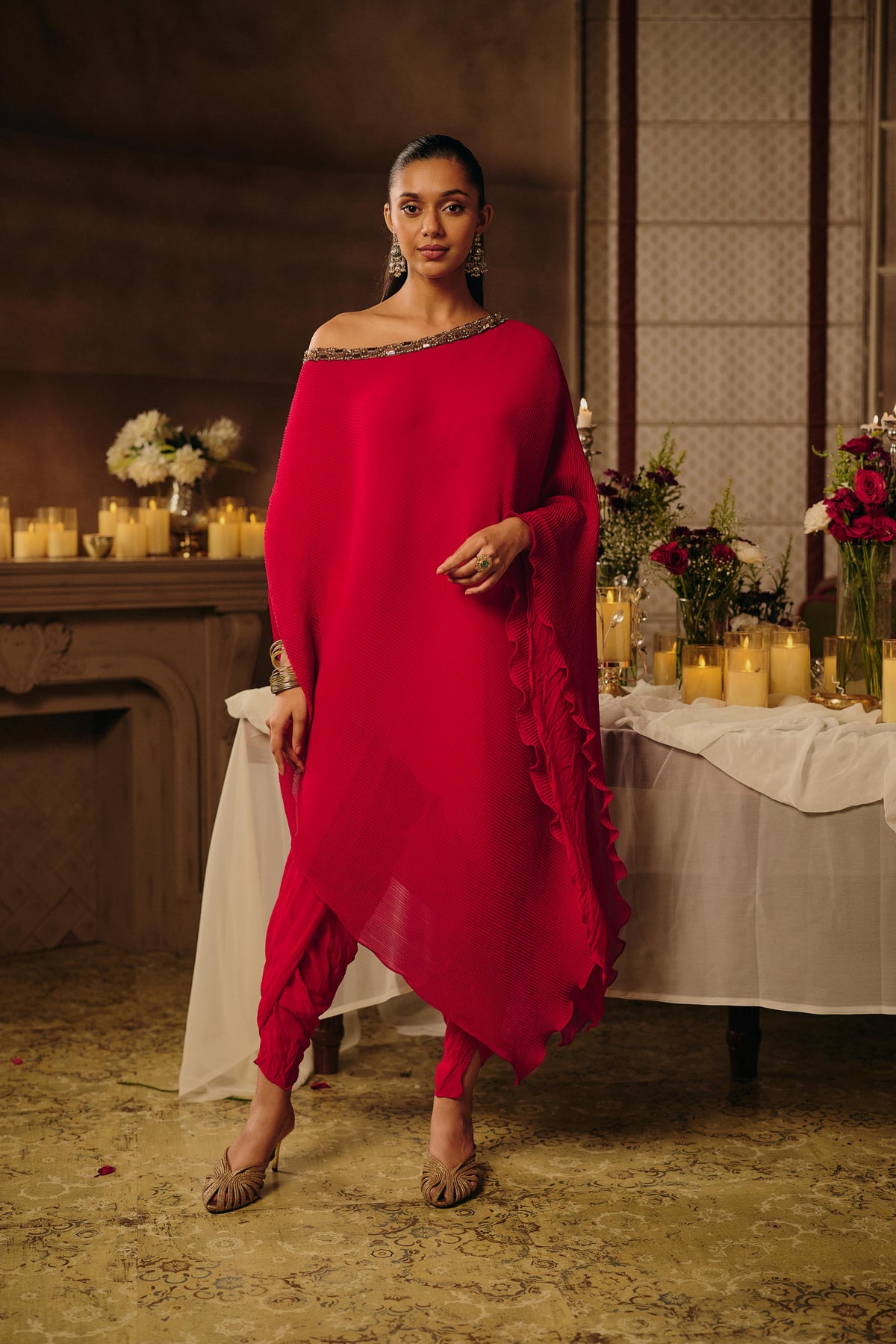 Bright Fuchsia Pink Embellished Georgette Silk Dhoti Set