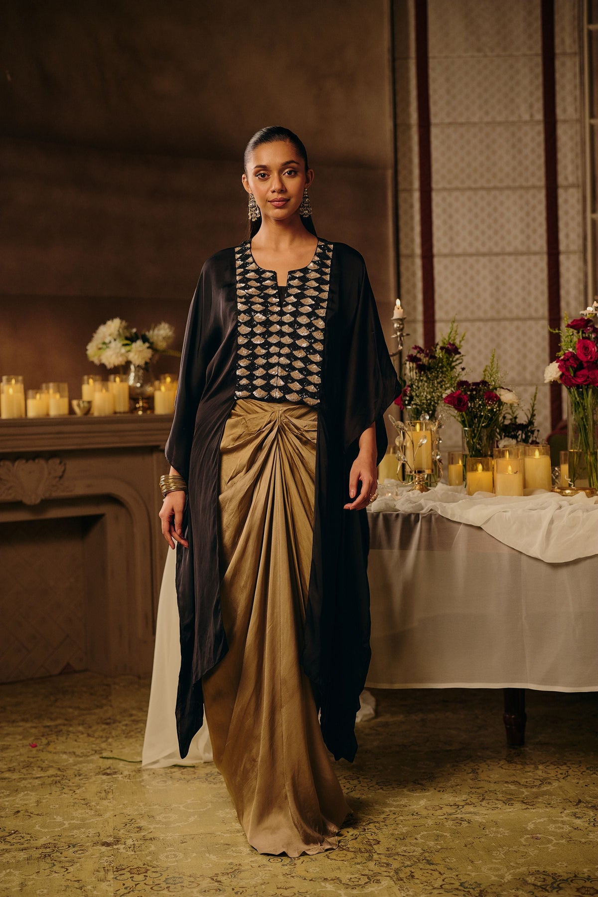 Jet Black Embellished Satin Silk Skirt Set