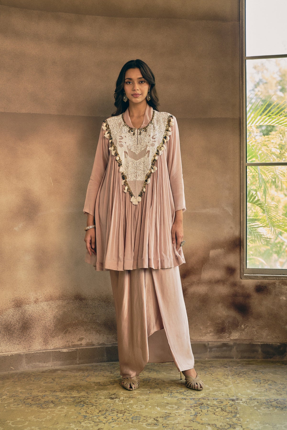 Soft Pink Embellished Georgette Silk Skirt Set