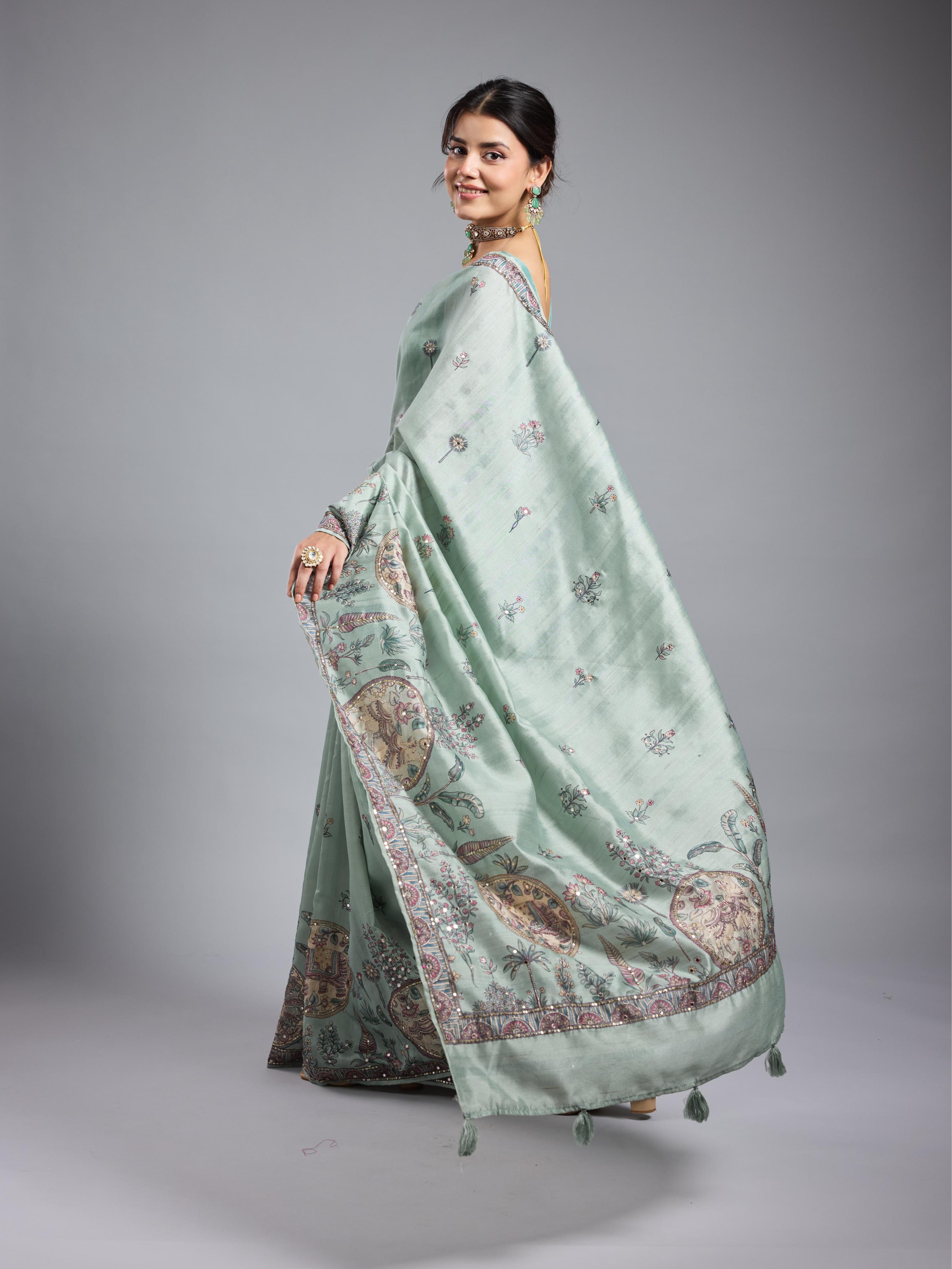 Light Teal Kalamkari Bhagalpuri Tussar Silk Saree