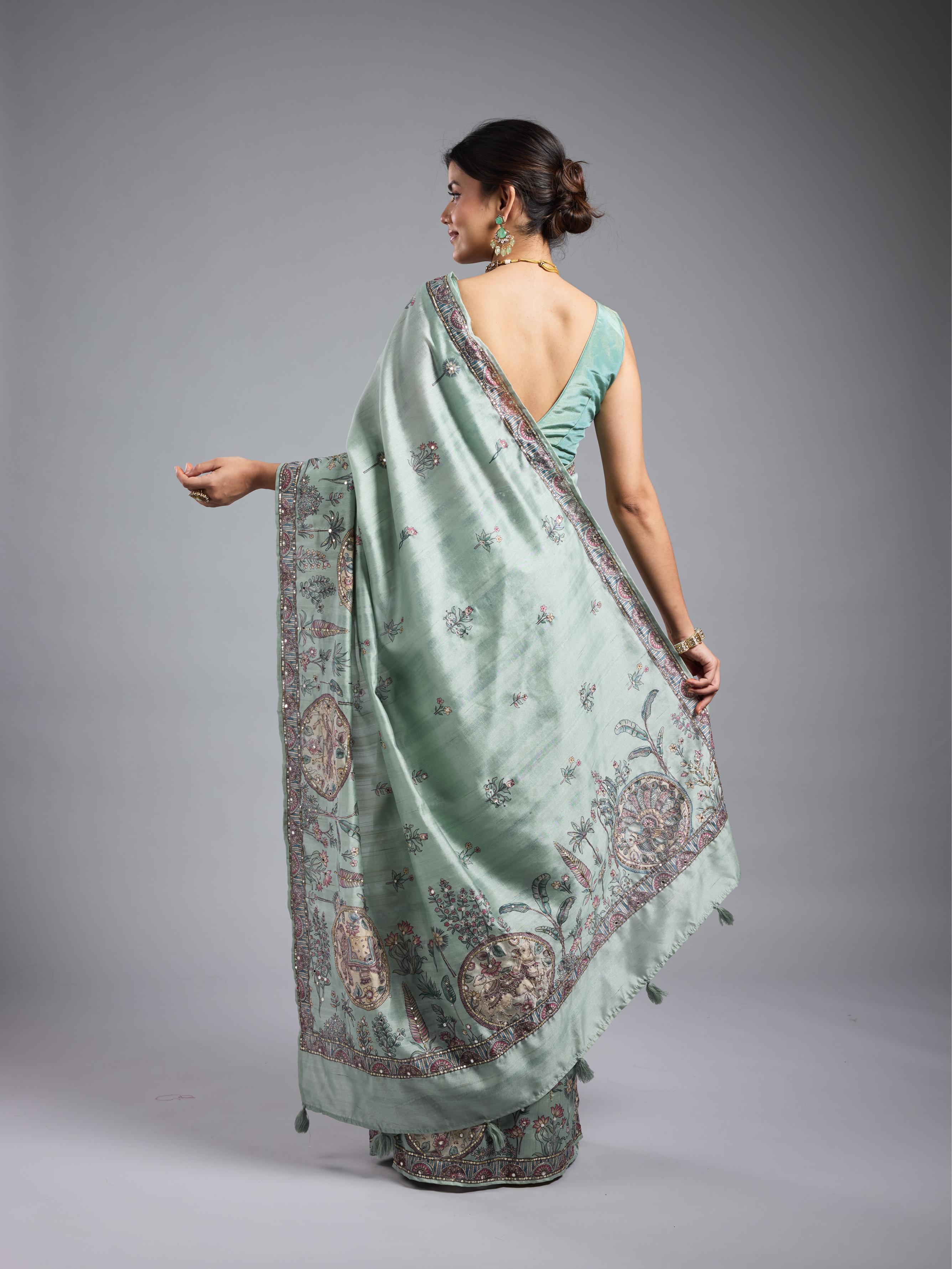 Light Teal Kalamkari Bhagalpuri Tussar Silk Saree