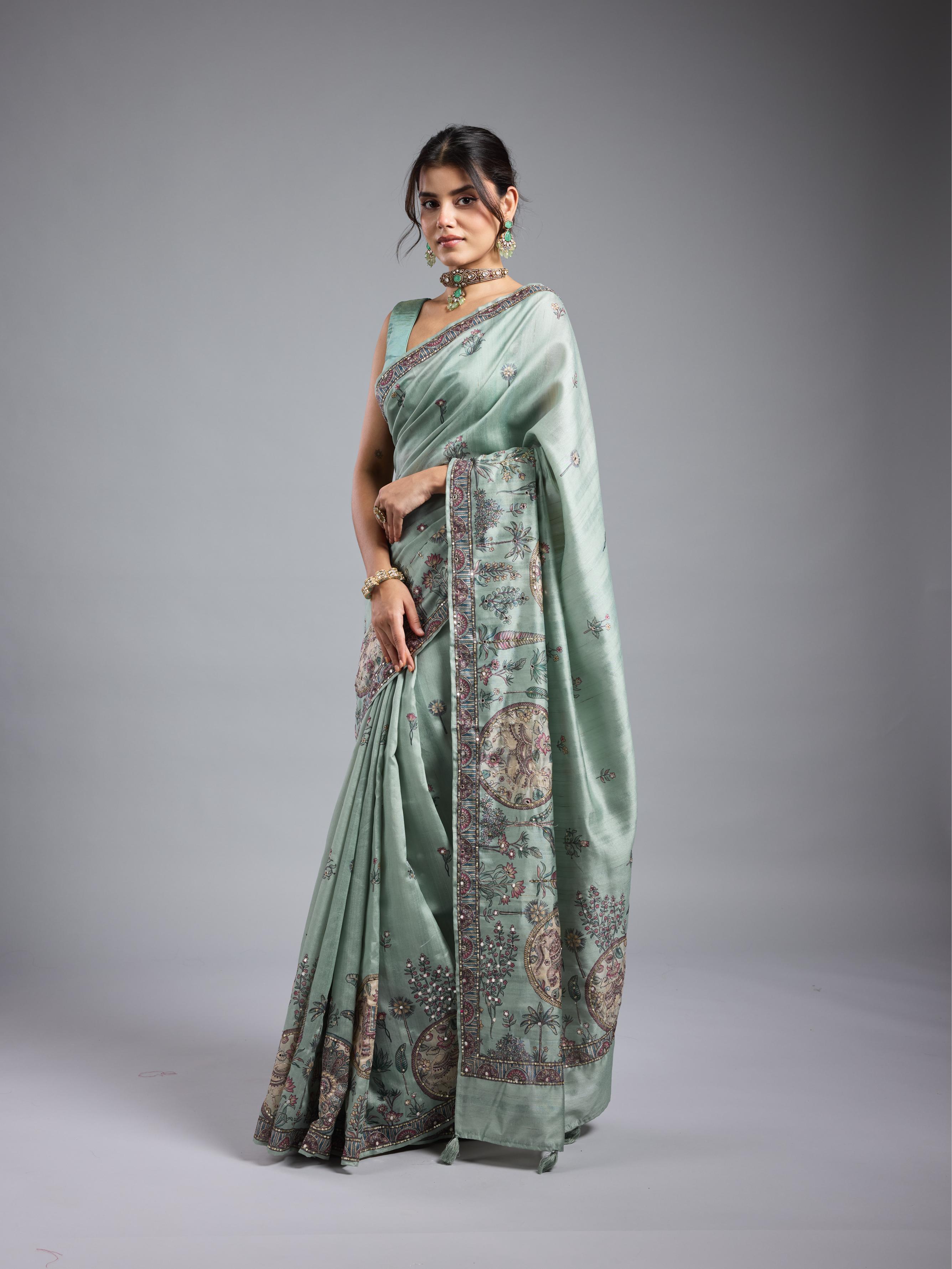 Light Teal Kalamkari Bhagalpuri Tussar Silk Saree