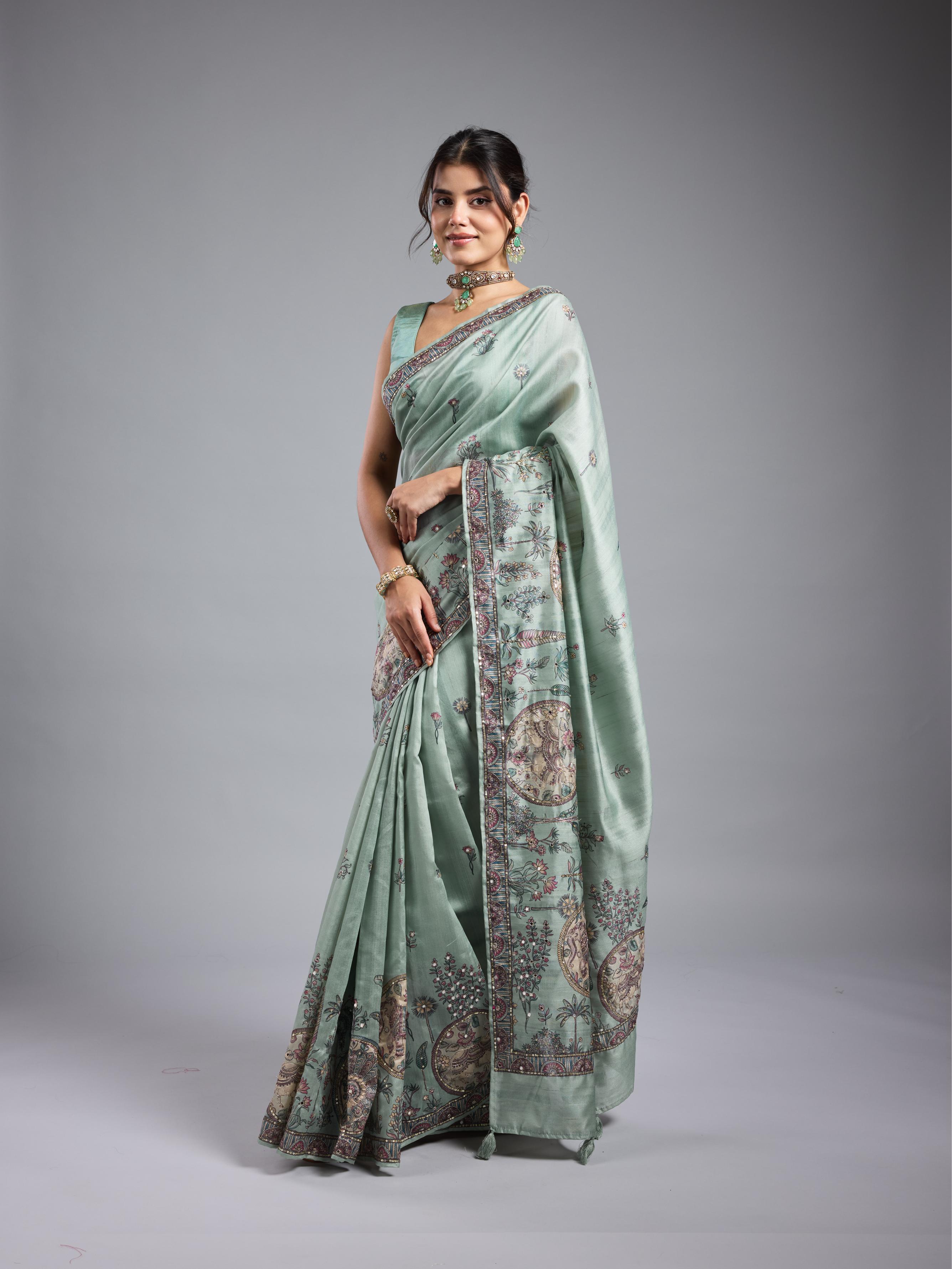 Light Teal Kalamkari Bhagalpuri Tussar Silk Saree