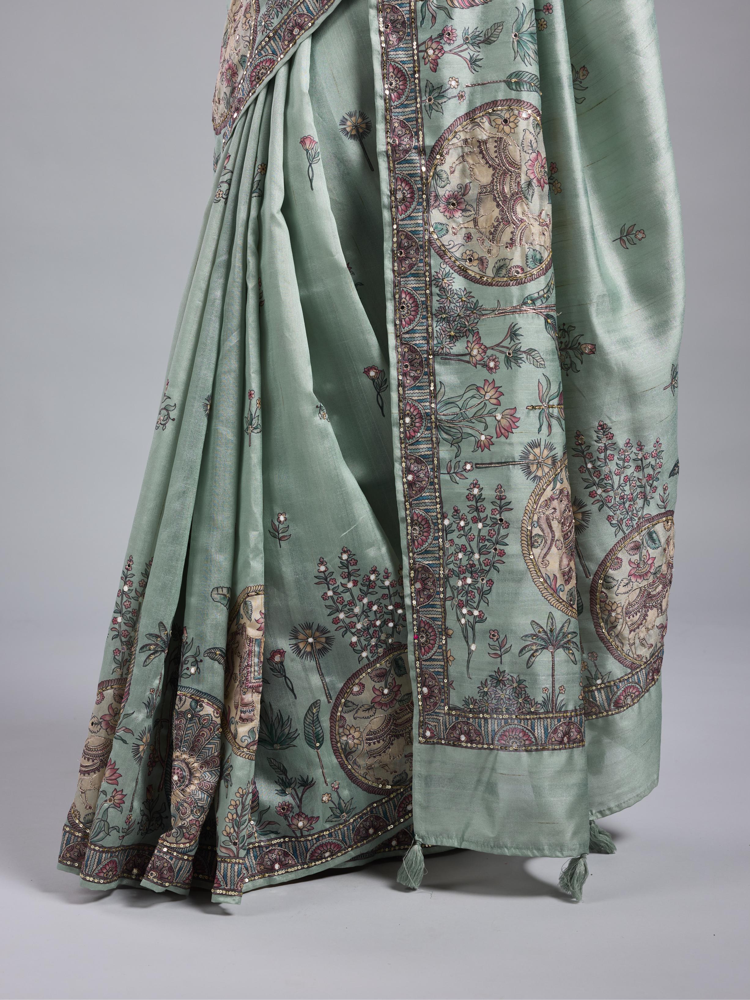 Light Teal Kalamkari Bhagalpuri Tussar Silk Saree