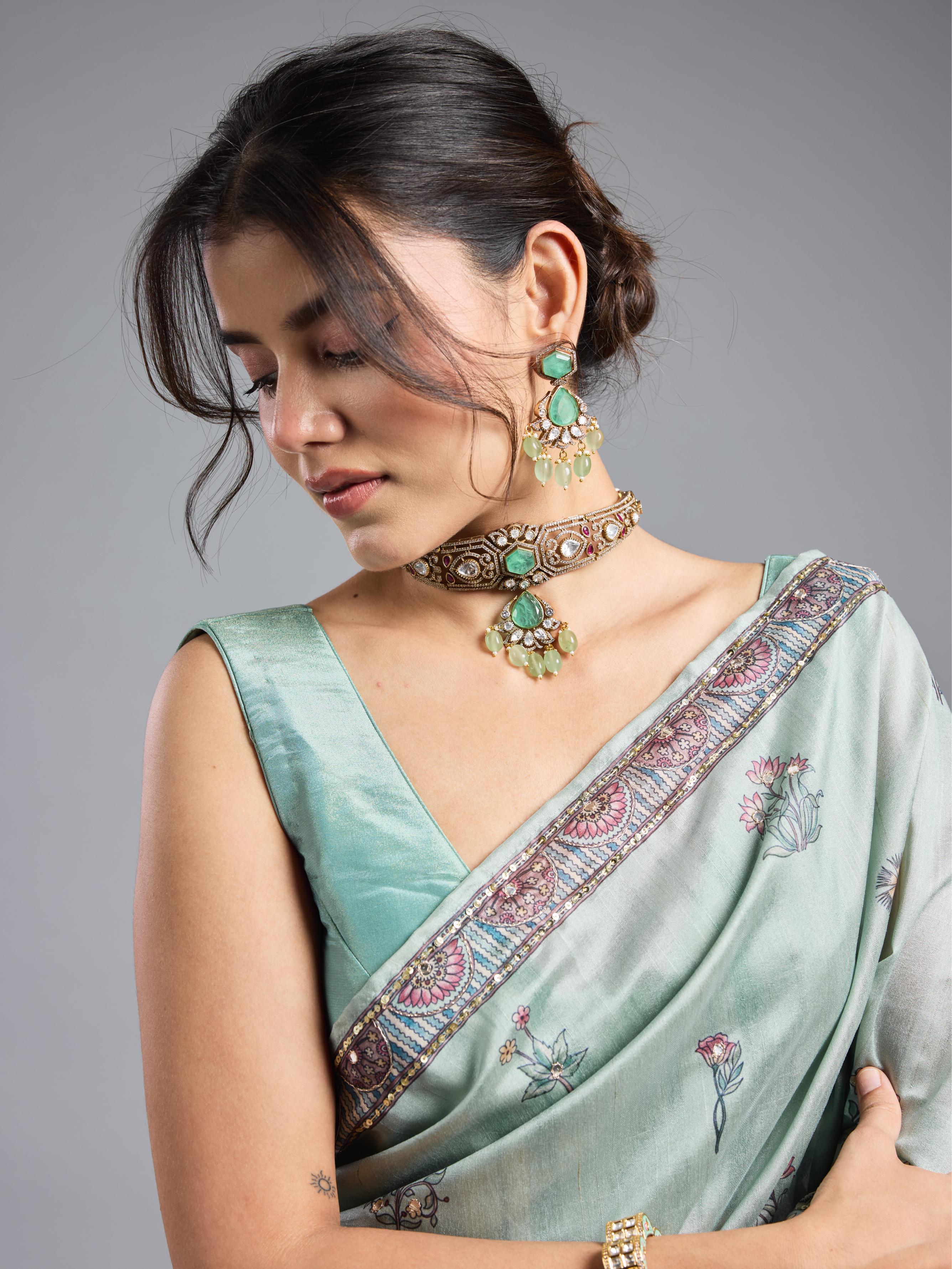 Light Teal Kalamkari Bhagalpuri Tussar Silk Saree