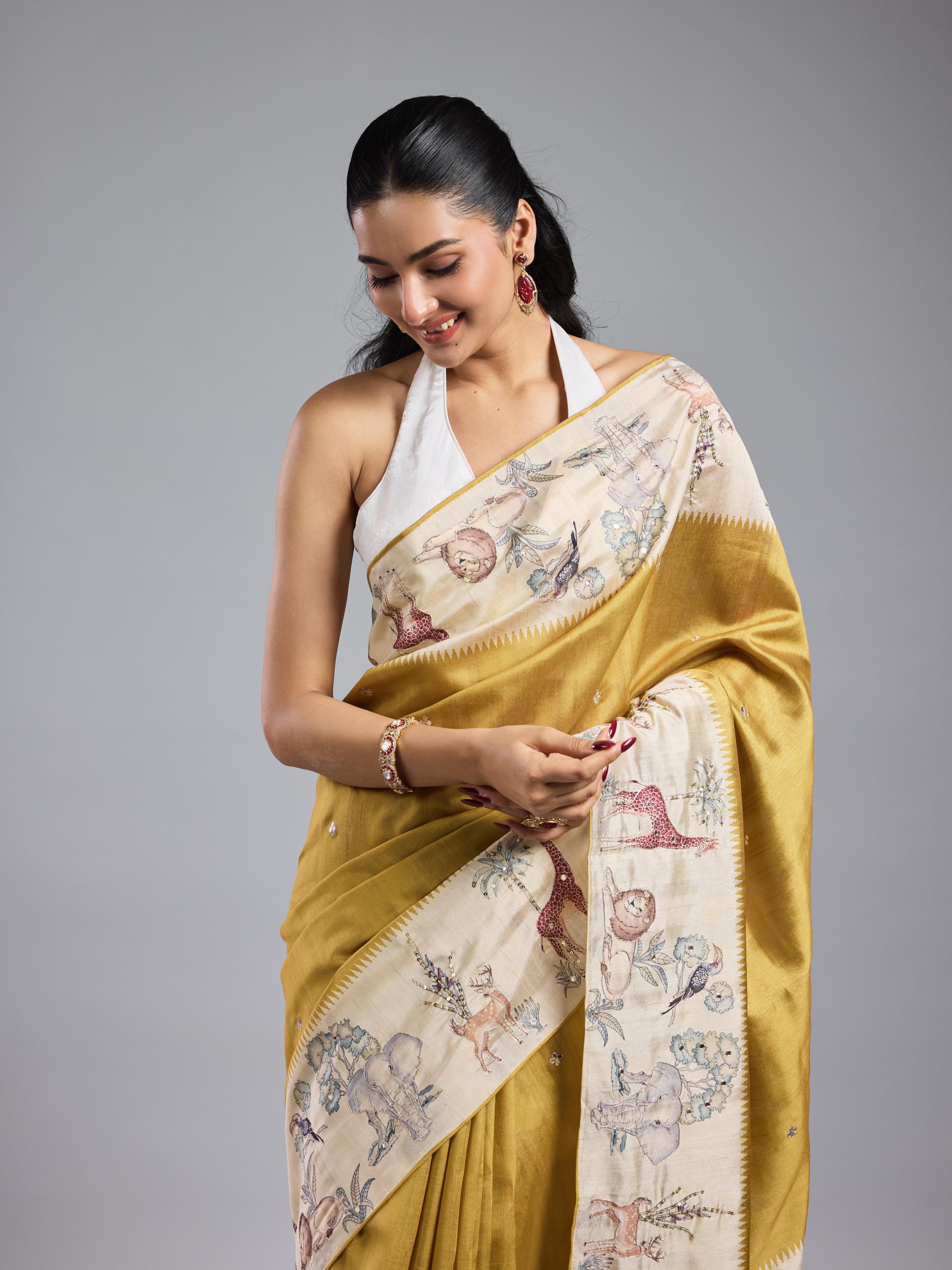 Golden Yellow Bhagalpuri Tussar Silk Saree