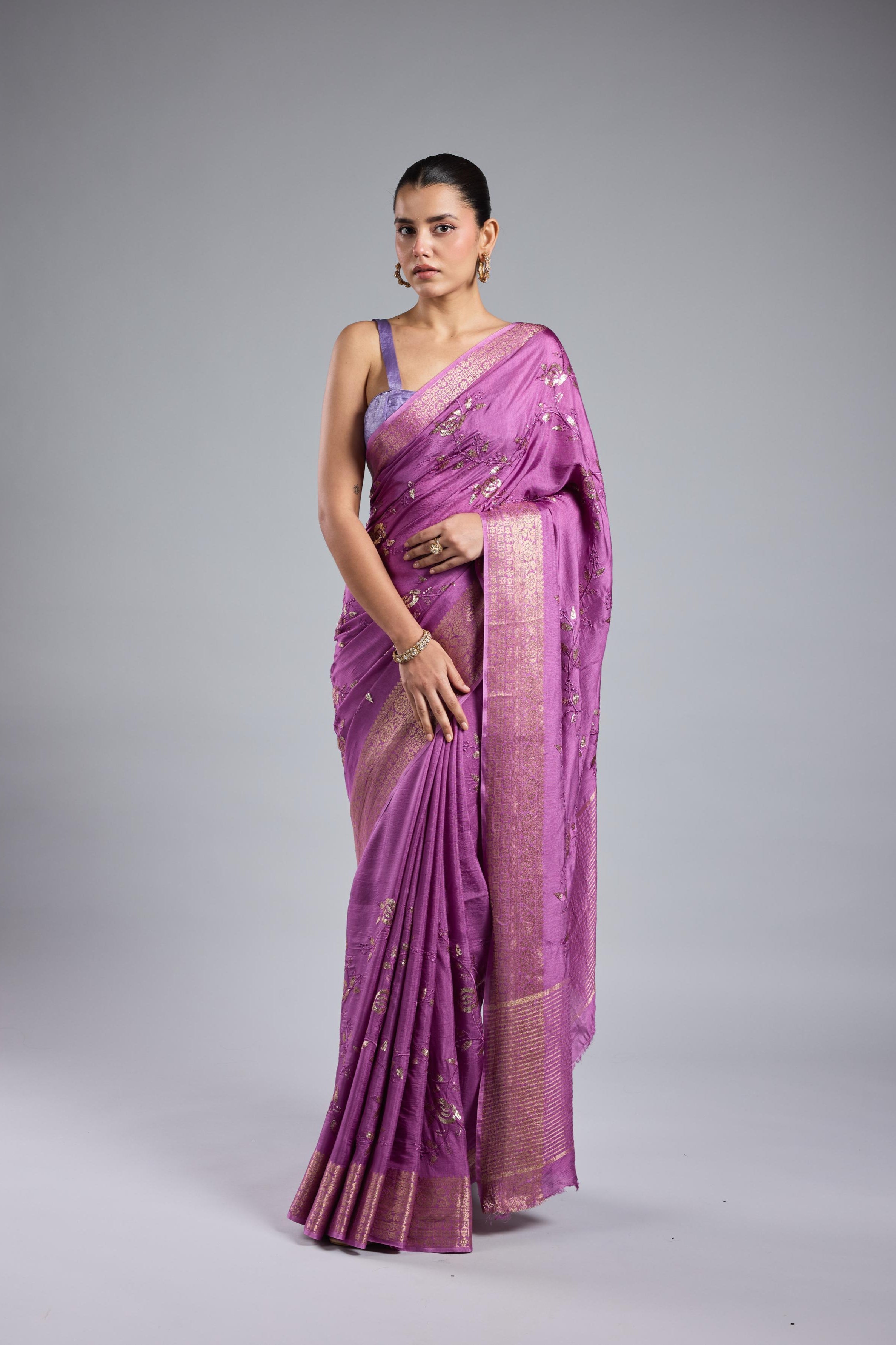Lilac Embellished Russian Silk Saree