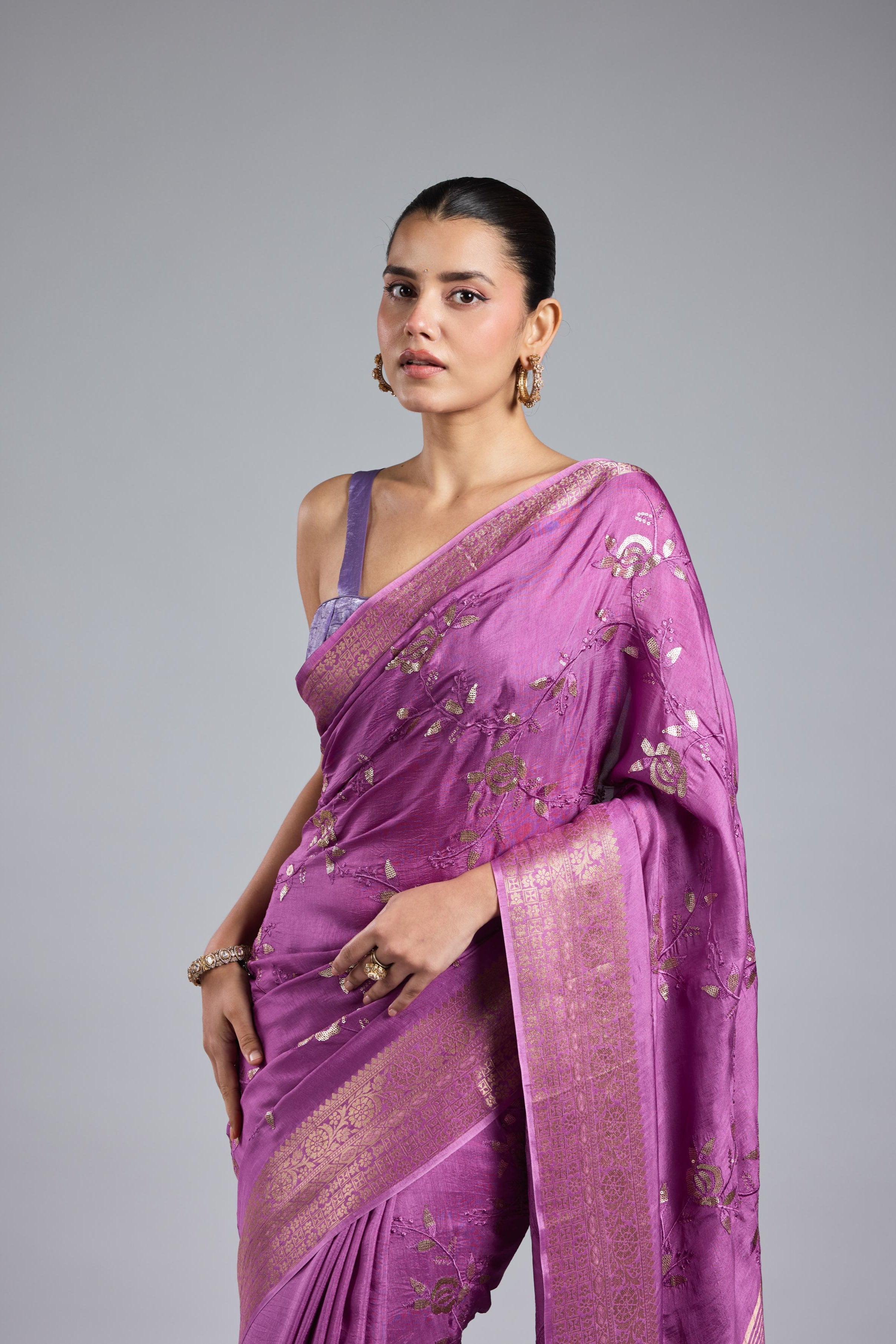 Lilac Embellished Russian Silk Saree