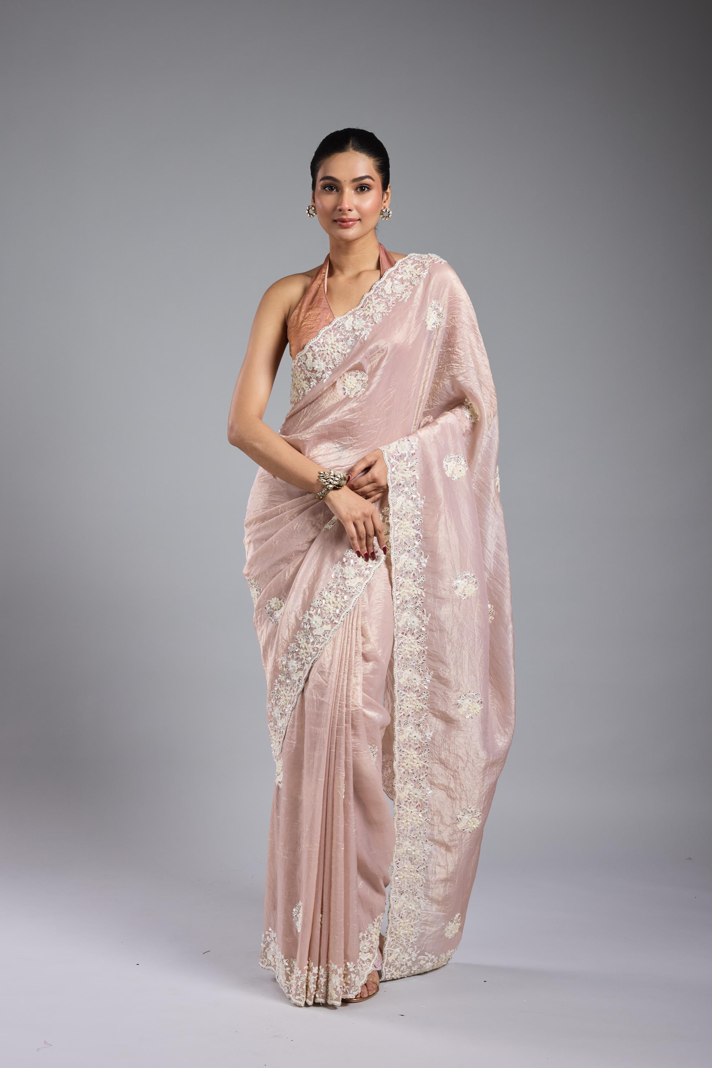 Soft Pink Embroidered Shimmer Silk Saree
