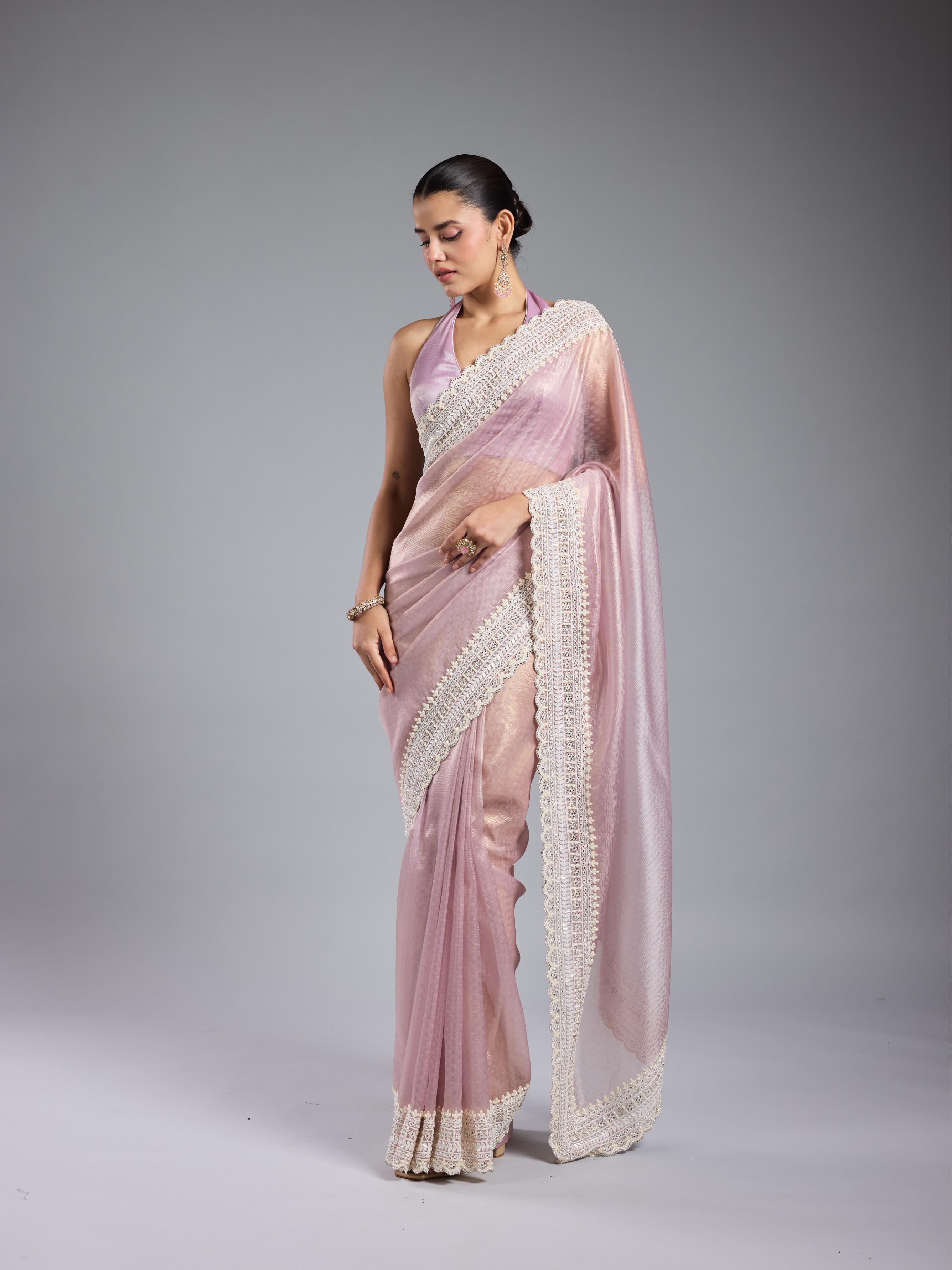 Pastel Pink Embroidered Shimmer Silk Saree