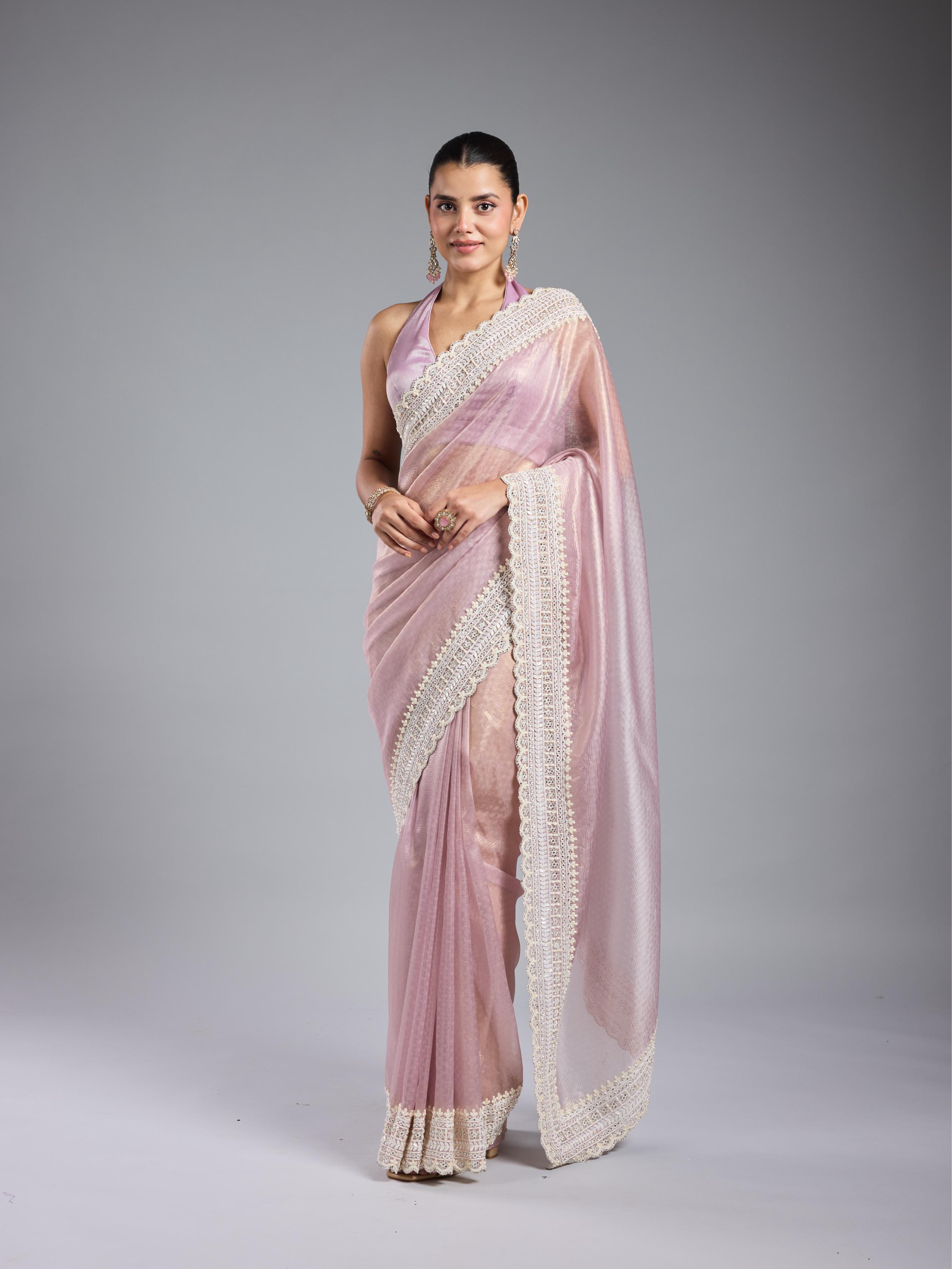 Pastel Pink Embroidered Shimmer Silk Saree